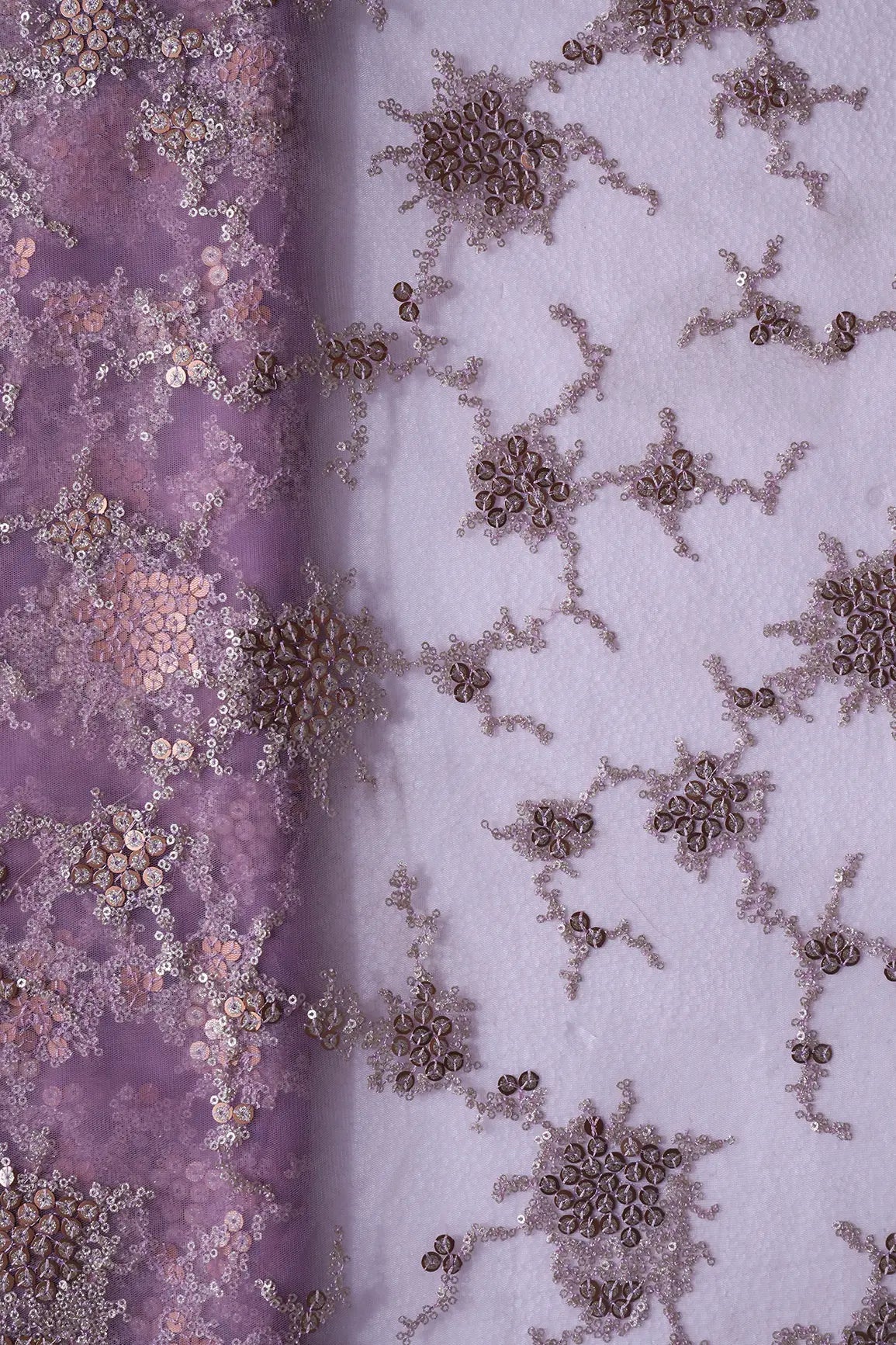 Gold Sequins With Mauve Thread Work Geometric Embroidery On Mauve Soft Net Fabric - doeraa