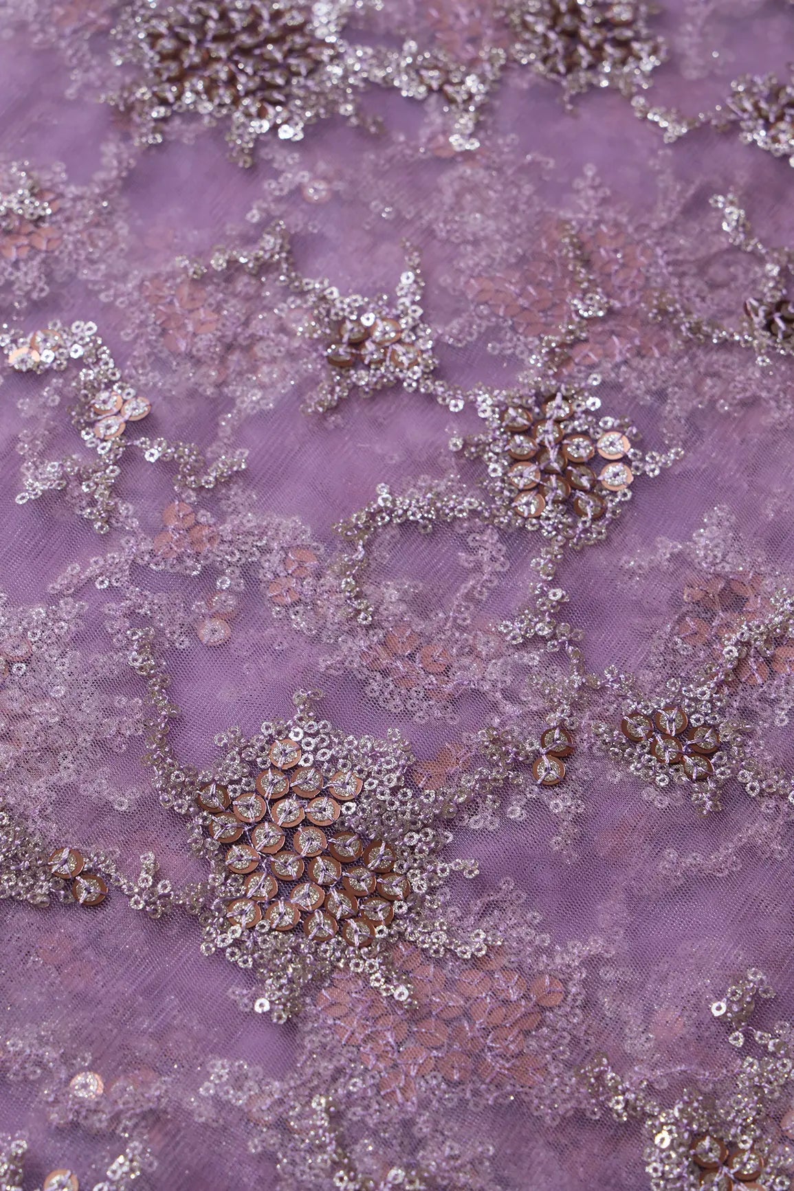 Gold Sequins With Mauve Thread Work Geometric Embroidery On Mauve Soft Net Fabric - doeraa