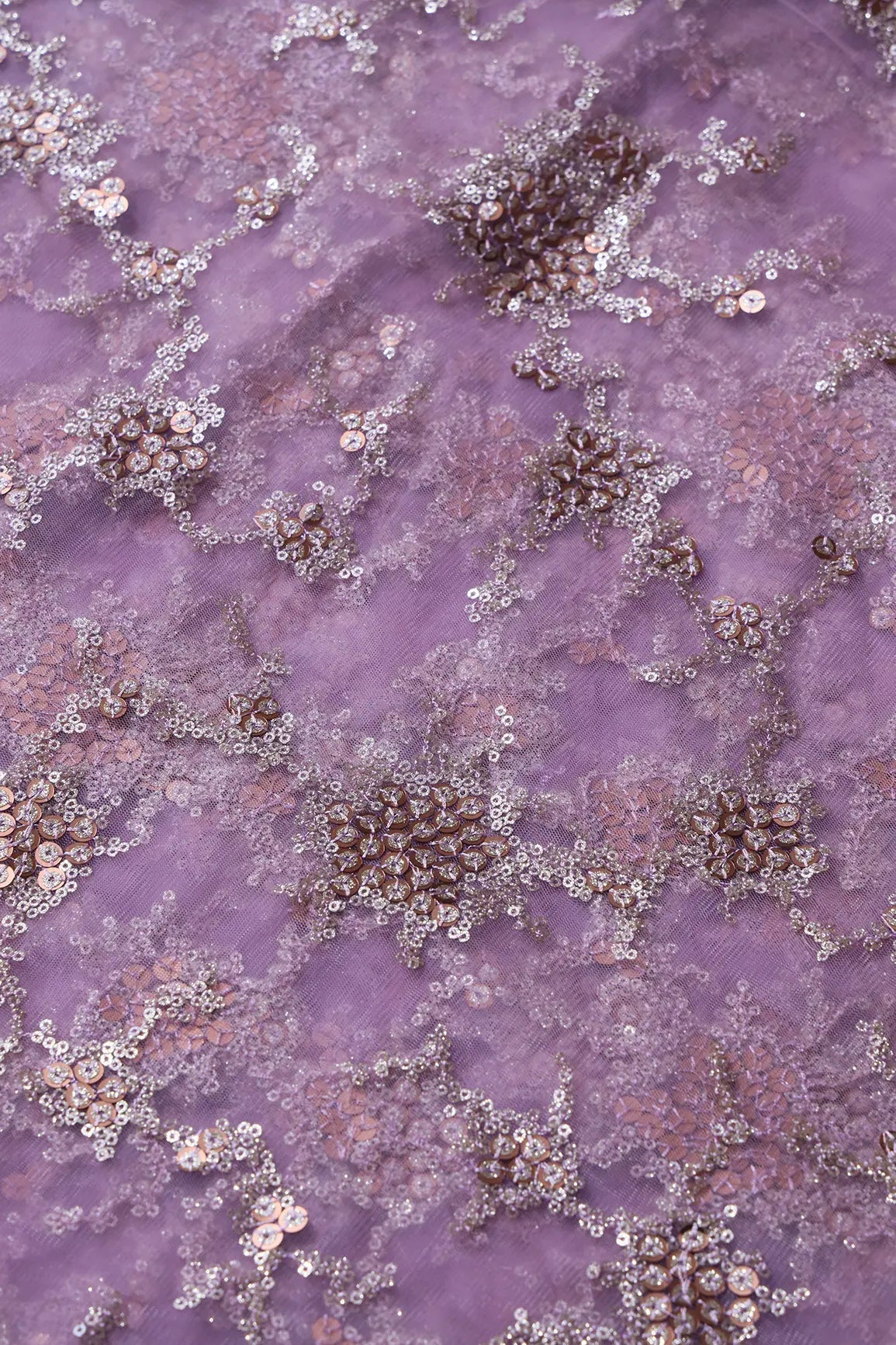 Gold Sequins With Mauve Thread Work Geometric Embroidery On Mauve Soft Net Fabric - doeraa