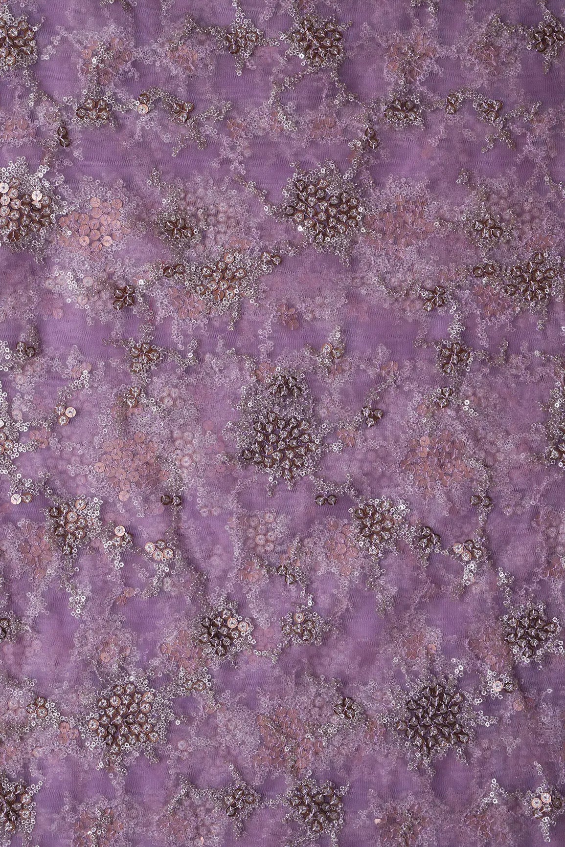Gold Sequins With Mauve Thread Work Geometric Embroidery On Mauve Soft Net Fabric - doeraa