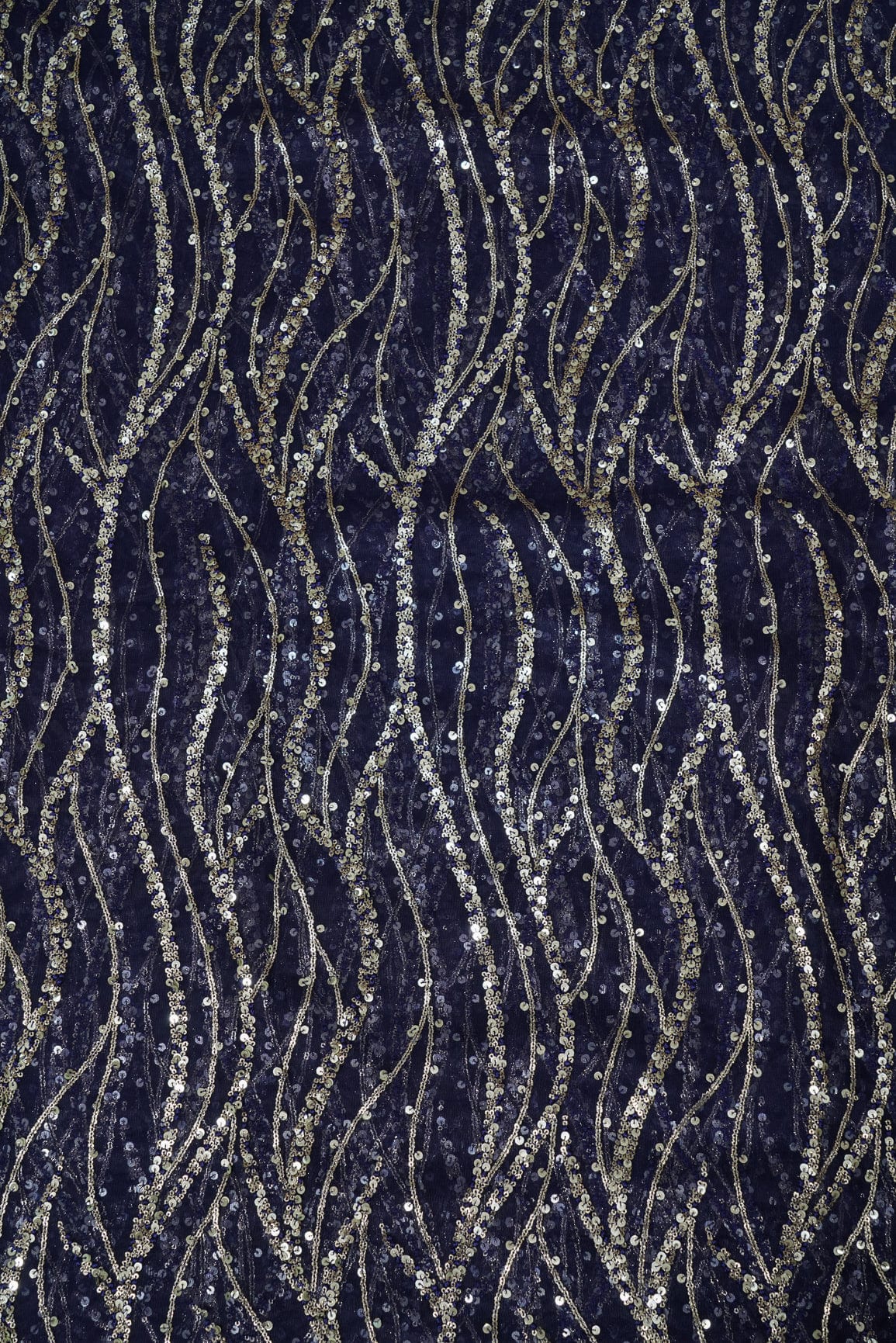 Gold Sequins With Navy Blue Thread Embroidery On Navy Blue Soft Net - doeraa