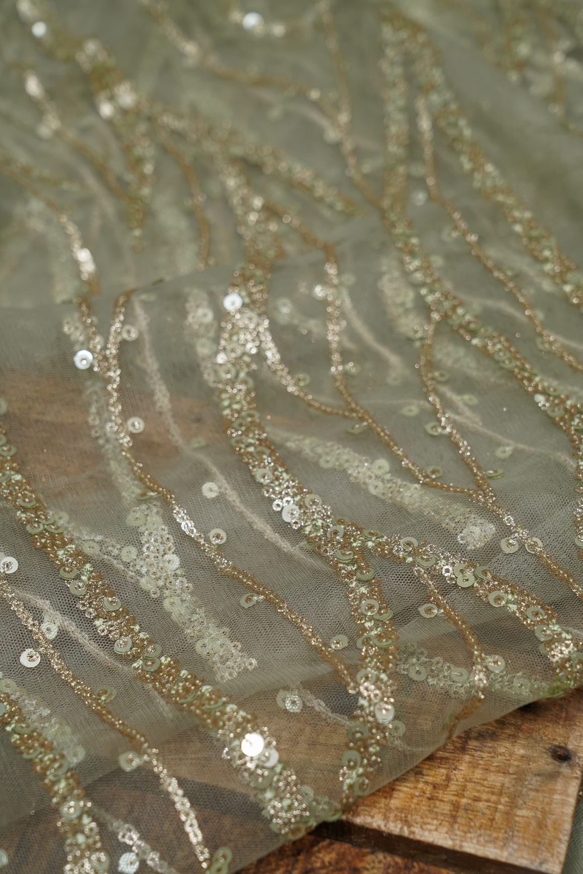 Gold Sequins With Olive Thread Embroidery On Olive Soft Net - doeraa