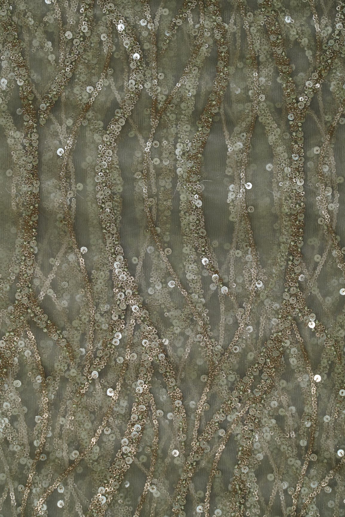 Gold Sequins With Olive Thread Embroidery On Olive Soft Net - doeraa