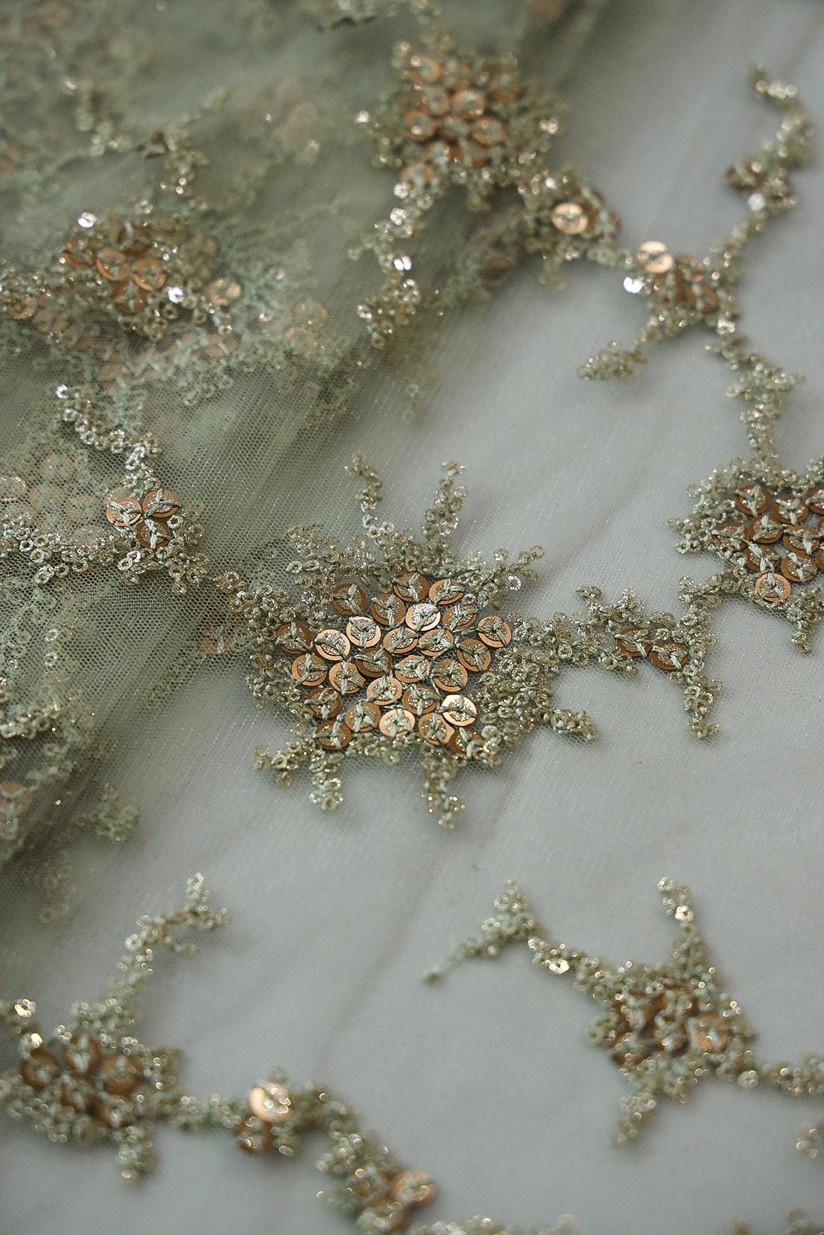 Gold Sequins with Olive Thread Work Embroidery On Light Olive Soft Net Fabric - doeraa