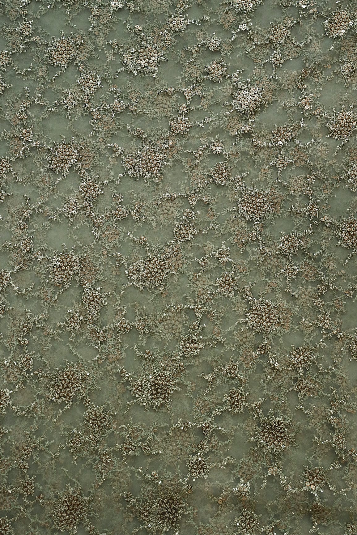 Gold Sequins with Olive Thread Work Embroidery On Light Olive Soft Net Fabric - doeraa