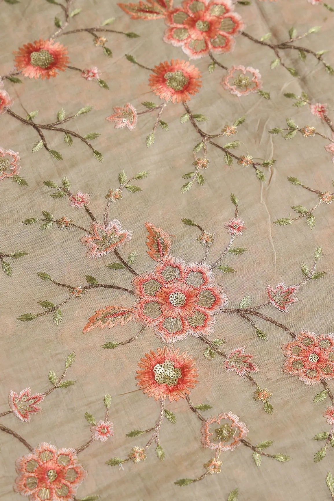 Gold Sequins With Thread Embroidery Work On Sand Beige Chanderi Fabric - doeraa