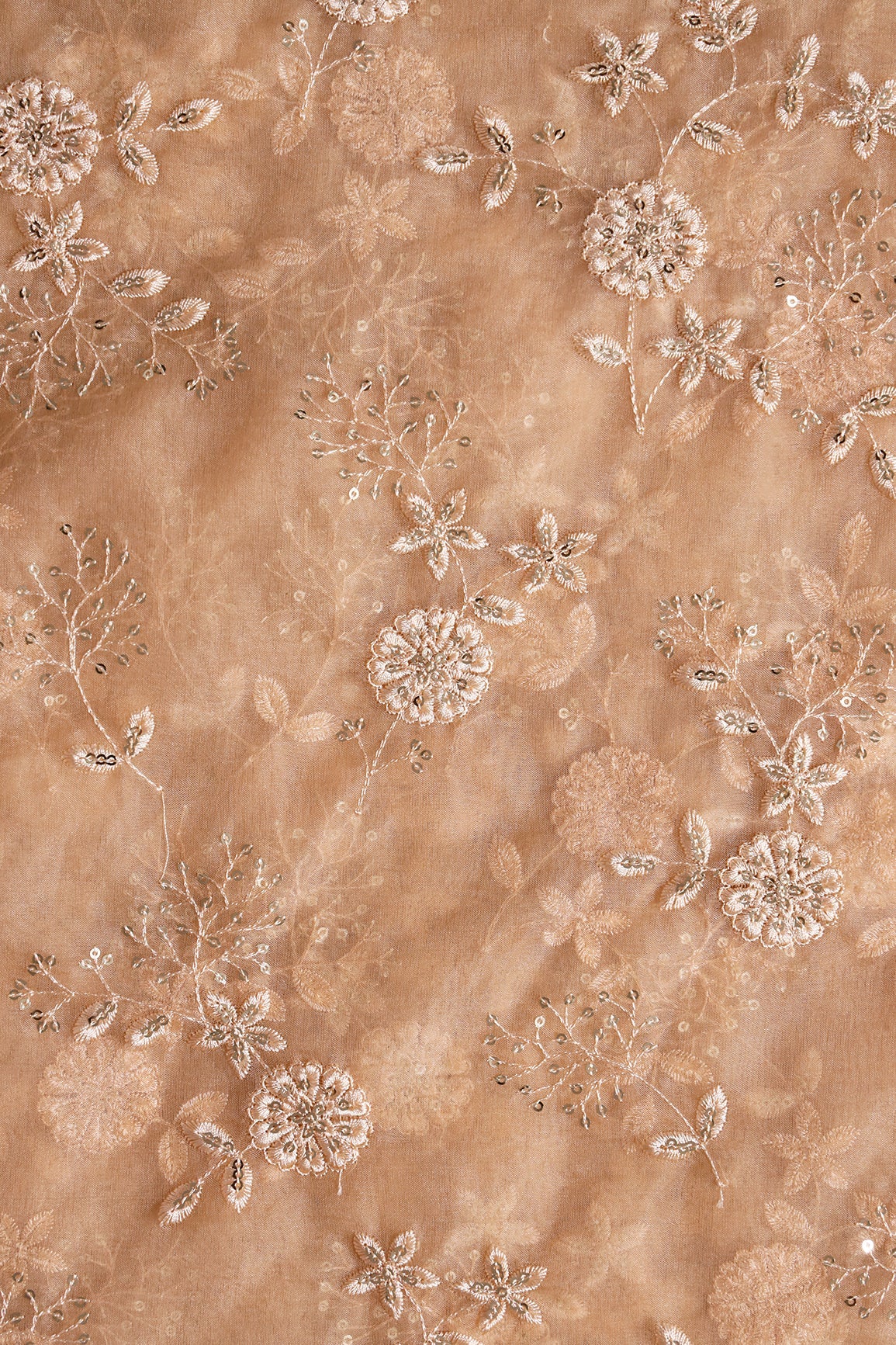 Gold Sequins With Thread Floral Embroidery On Beige Organza Fabric - doeraa