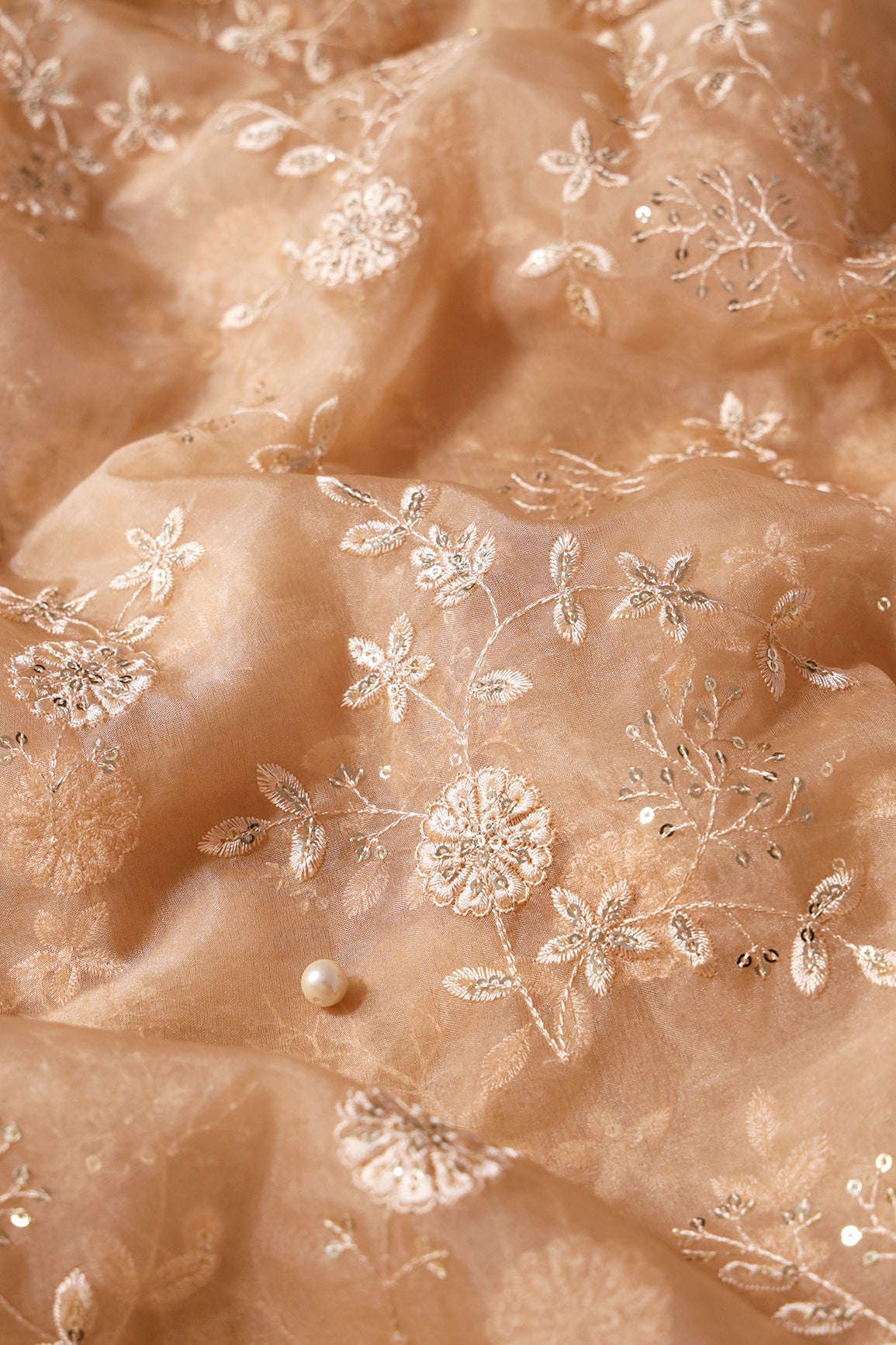 Gold Sequins With Thread Floral Embroidery On Beige Organza Fabric - doeraa