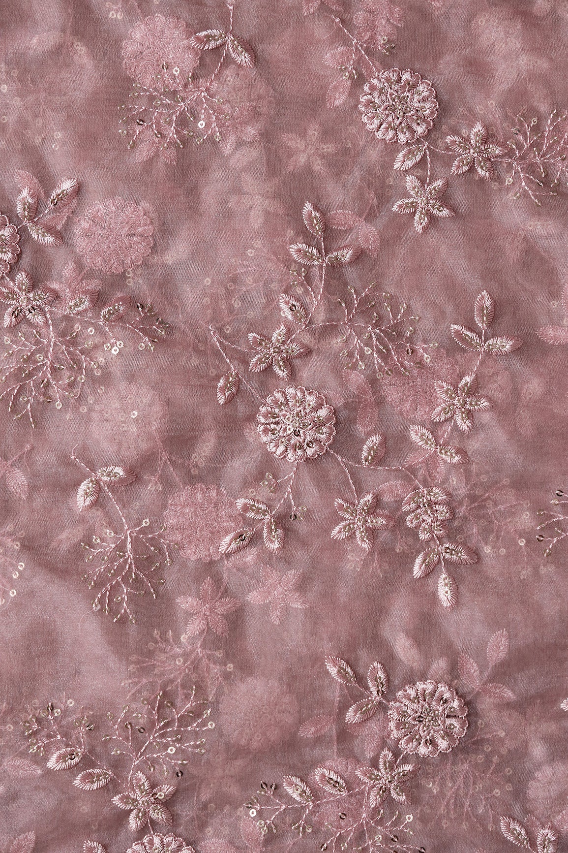 Gold Sequins With Thread Floral Embroidery On Mauve Organza Fabric - doeraa