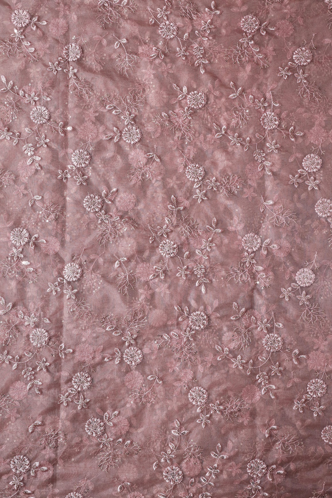 Gold Sequins With Thread Floral Embroidery On Mauve Organza Fabric - doeraa