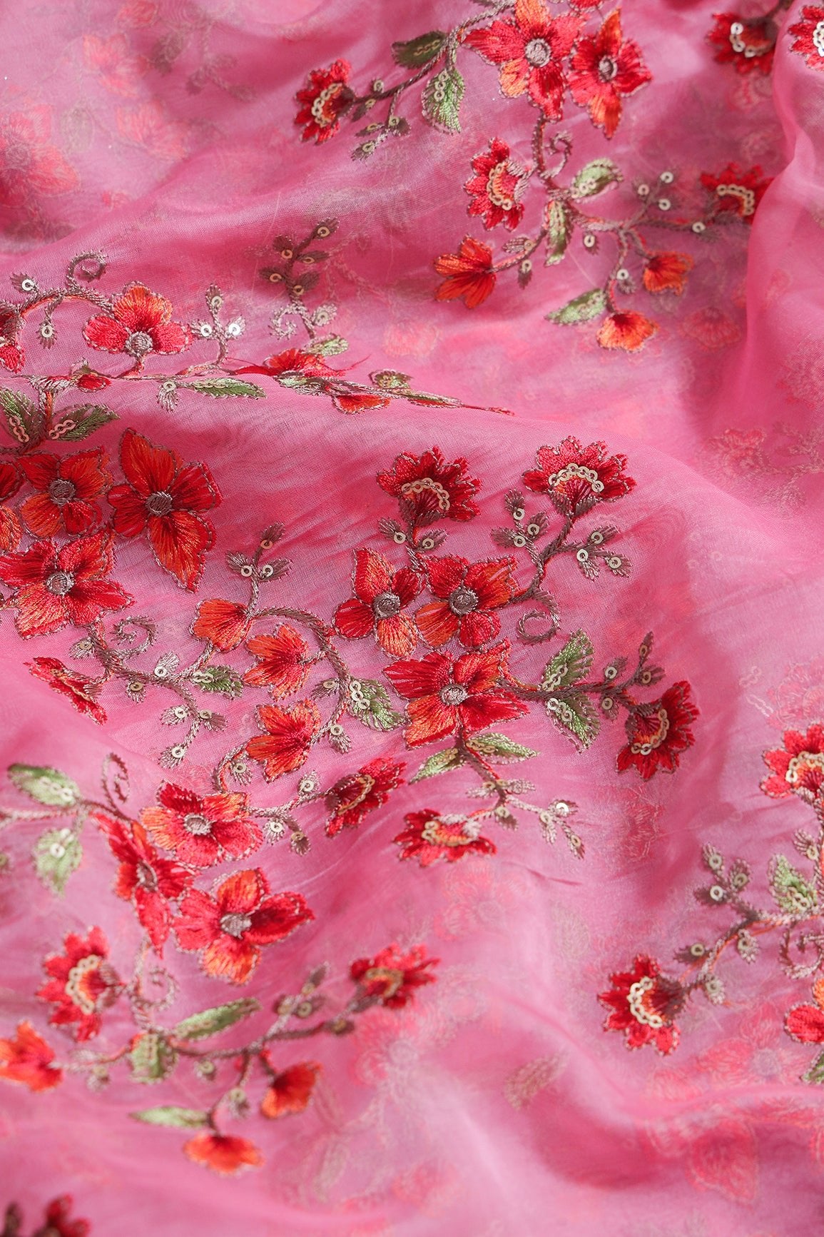 Gold Sequins With Thread Floral Embroidery On Pink Organza Fabric - doeraa