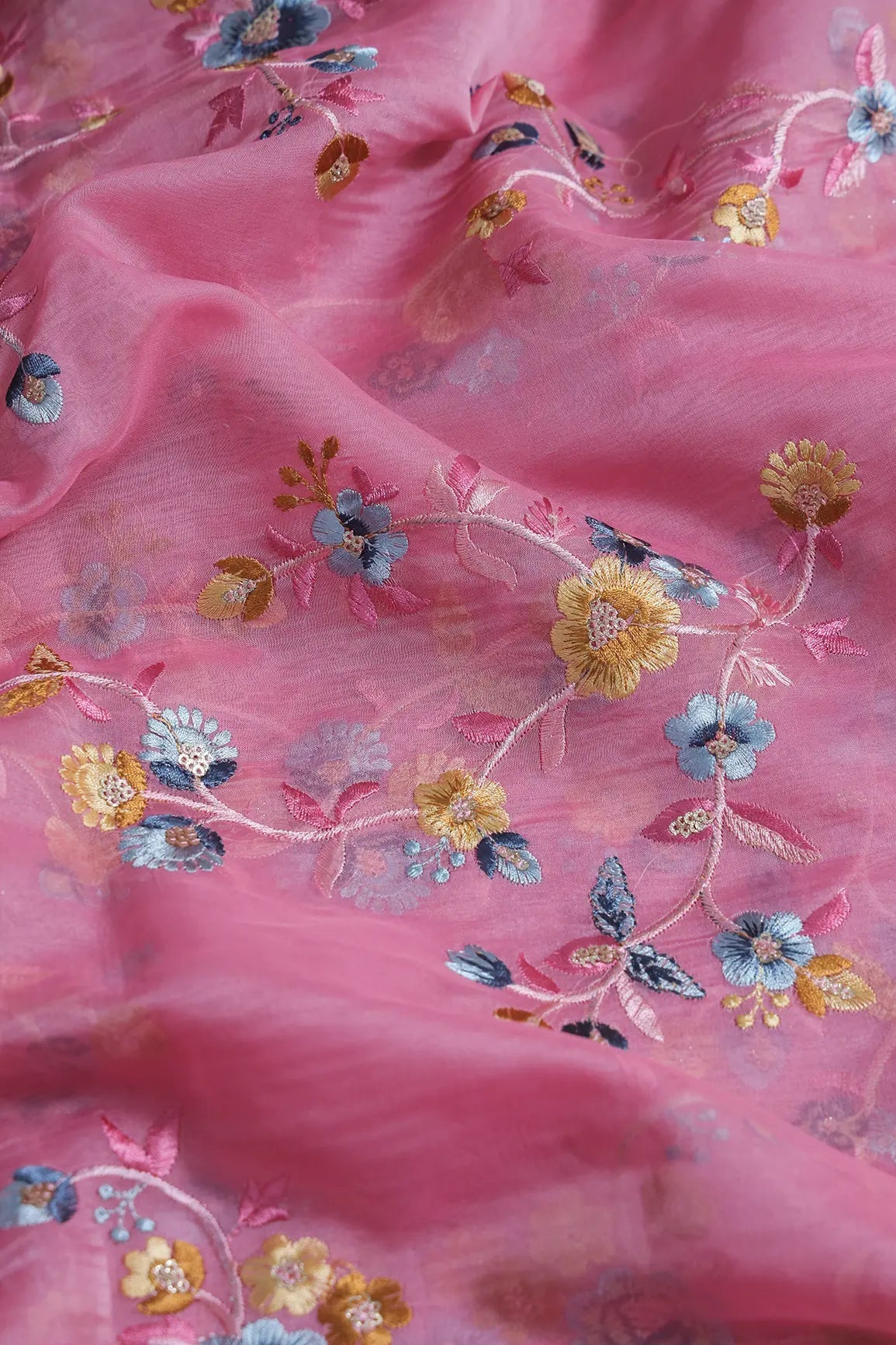 Gold Sequins With Thread Floral Embroidery On Pink Organza Fabric - doeraa