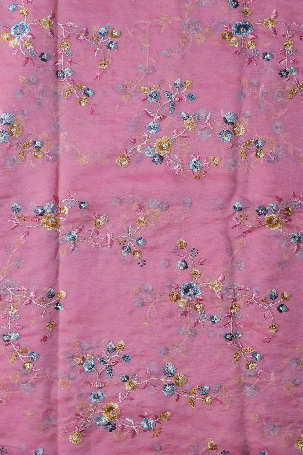 Gold Sequins With Thread Floral Embroidery On Pink Organza Fabric - doeraa