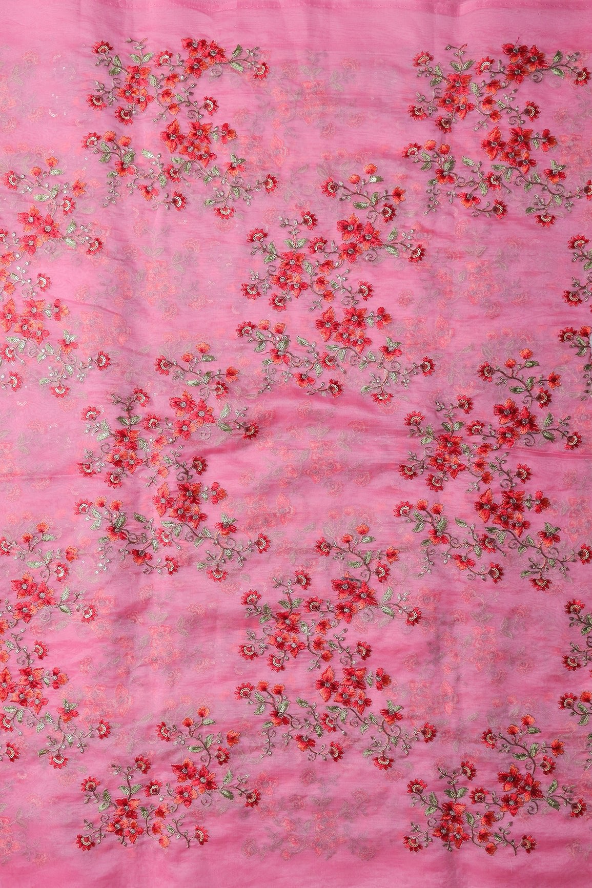 Gold Sequins With Thread Floral Embroidery On Pink Organza Fabric - doeraa