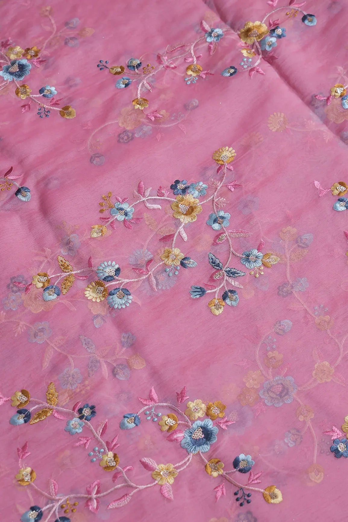 Gold Sequins With Thread Floral Embroidery On Pink Organza Fabric - doeraa