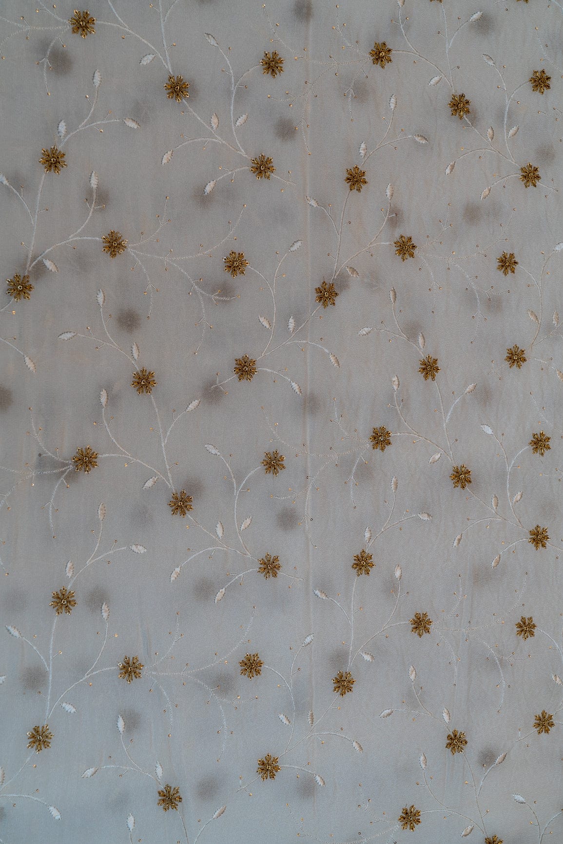 Gold Sequins With White And Gold Thread Floral Embroidery On Dyeable Natural Crape - doeraa