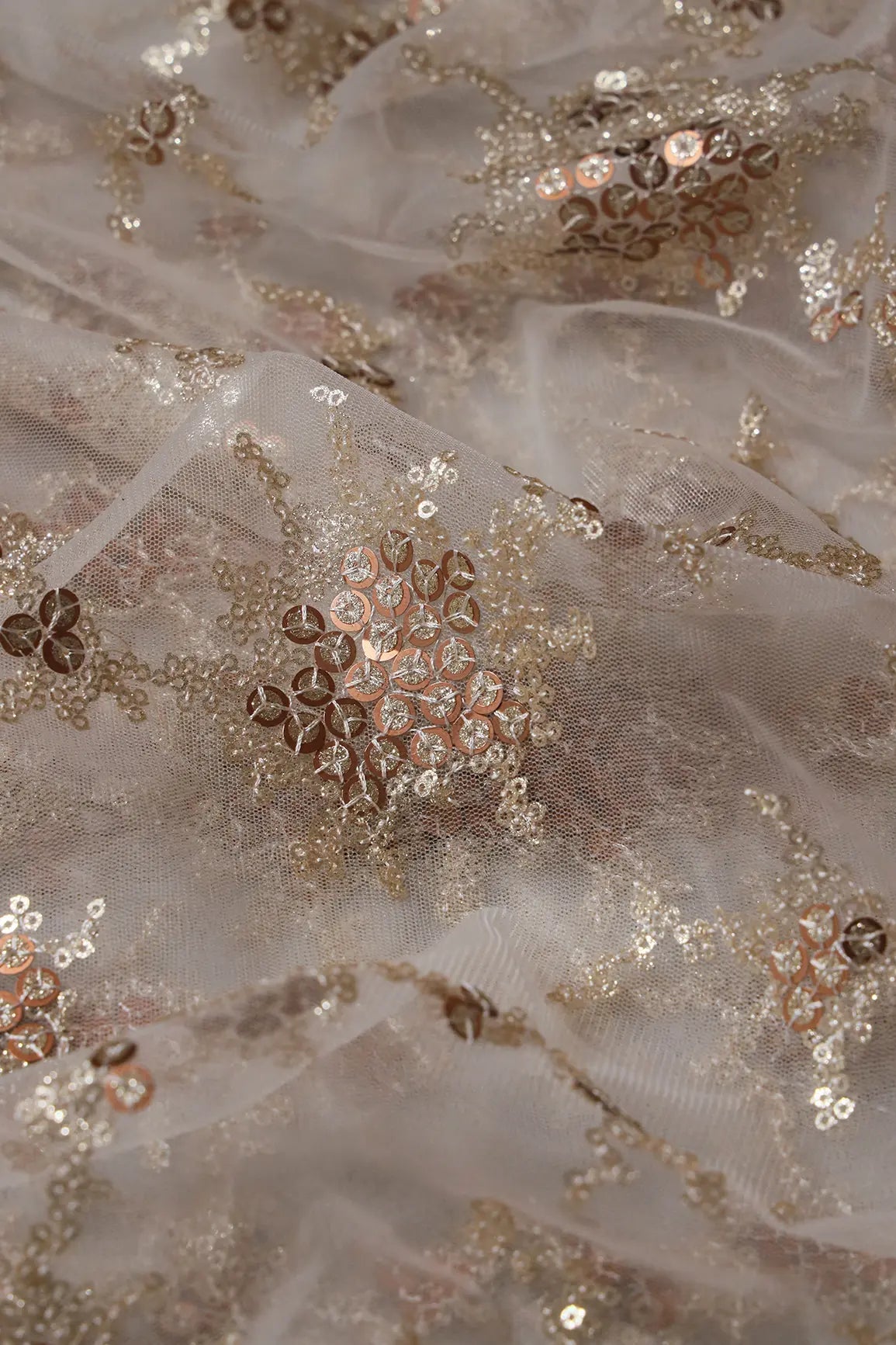 Gold Sequins With White Thread Work Embroidery On Dyeable White Soft Net Fabric - doeraa