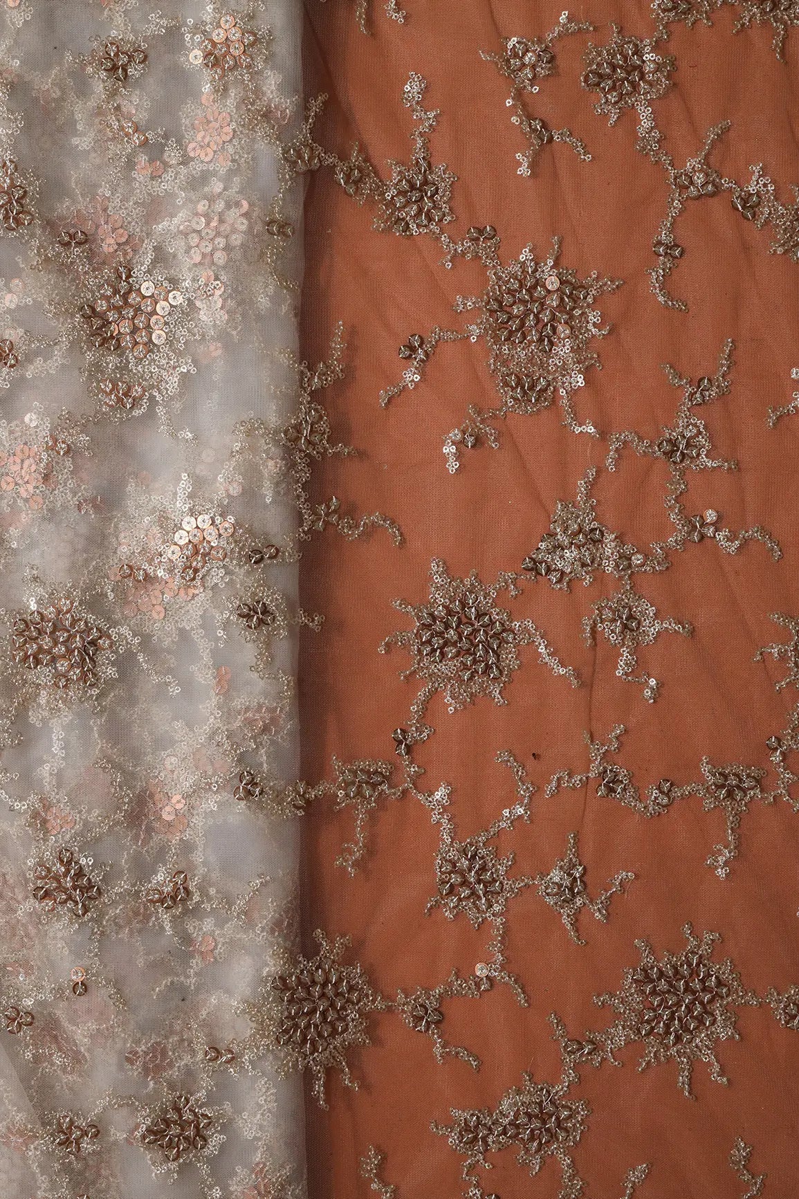 Gold Sequins With White Thread Work Embroidery On Dyeable White Soft Net Fabric - doeraa