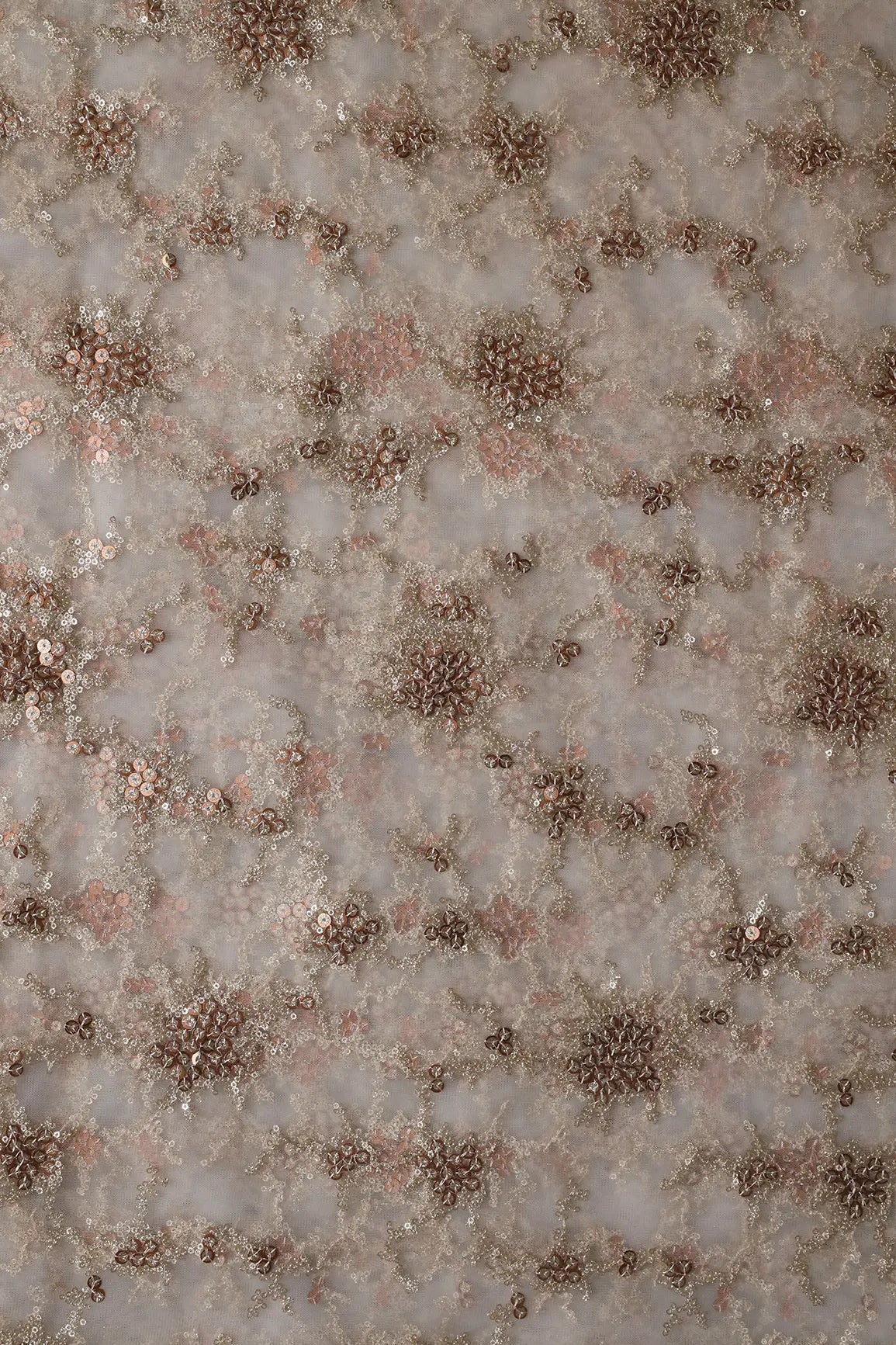 Gold Sequins With White Thread Work Embroidery On Dyeable White Soft Net Fabric - doeraa