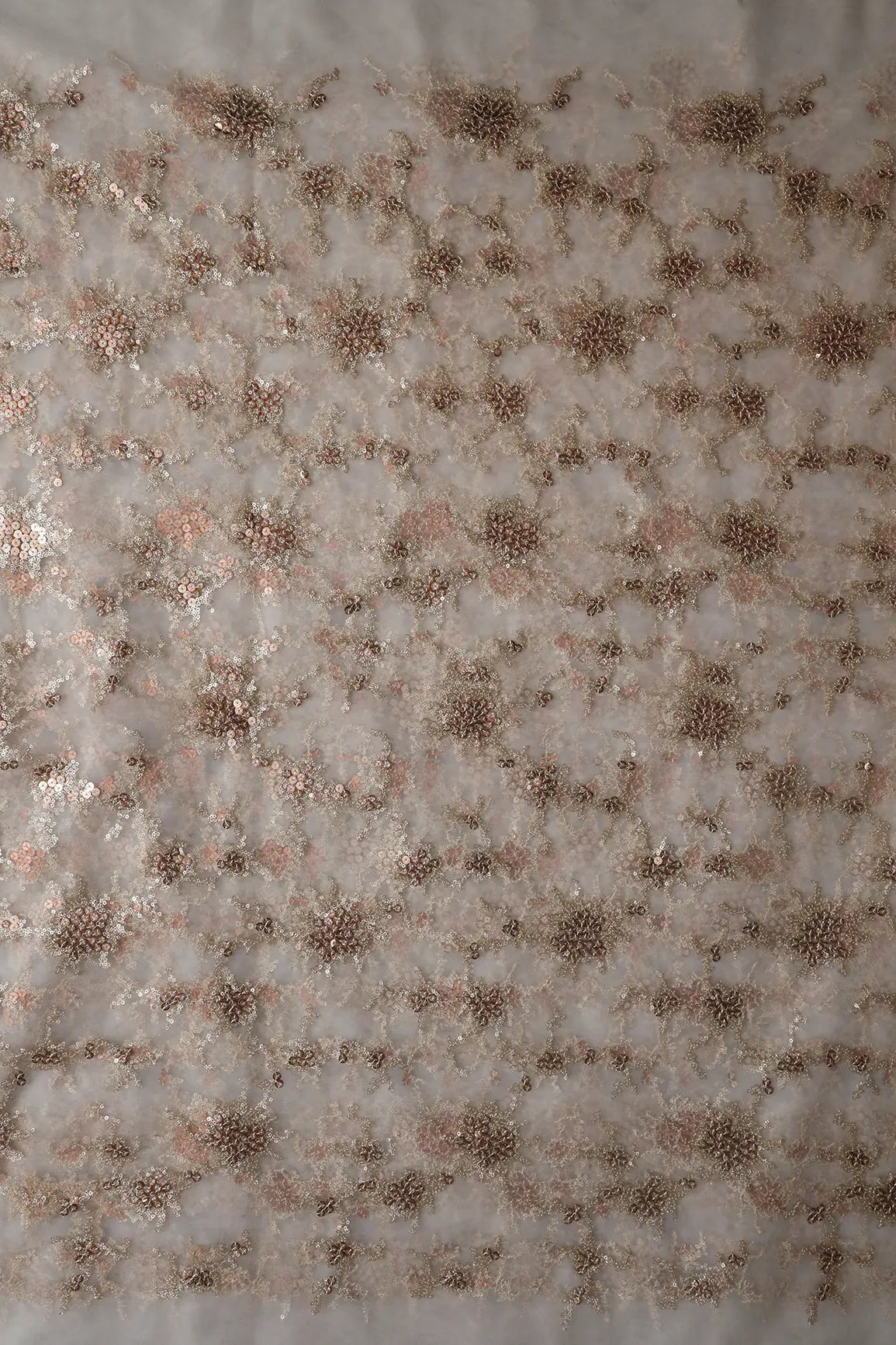 Gold Sequins With White Thread Work Embroidery On Dyeable White Soft Net Fabric - doeraa