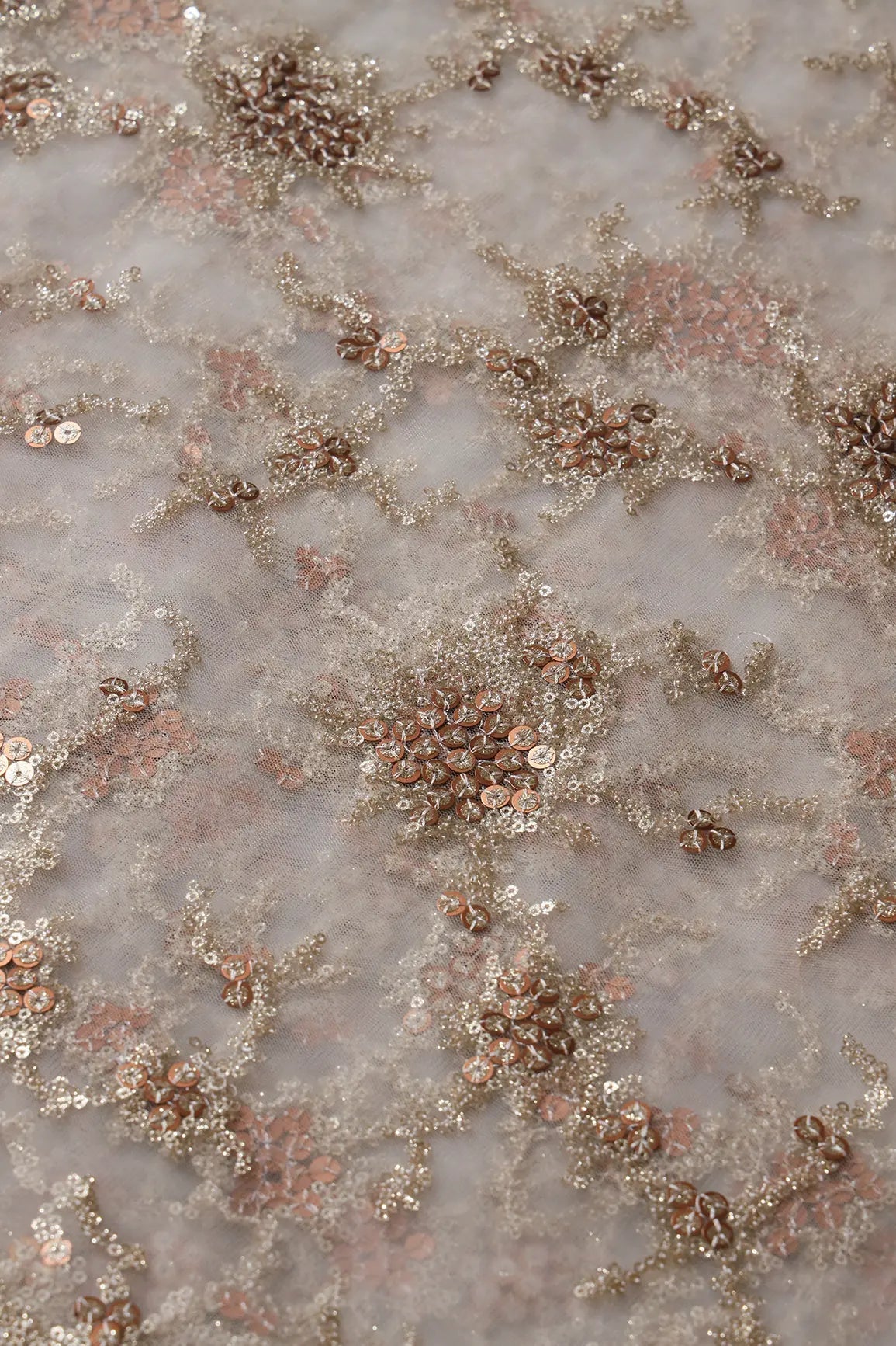 Gold Sequins With White Thread Work Embroidery On Dyeable White Soft Net Fabric - doeraa