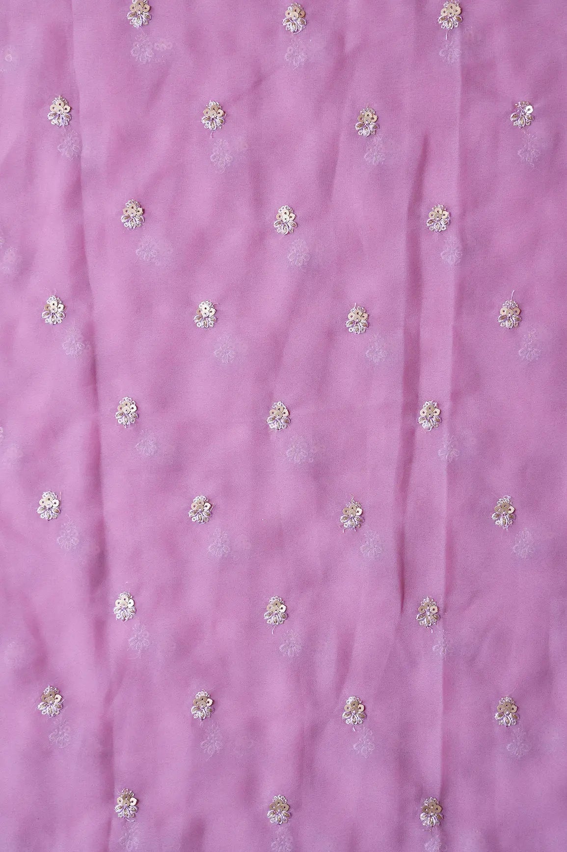 Gold Sequins With Zari Small Floral Booti Embroidery On Mauve Georgette Fabric - doeraa