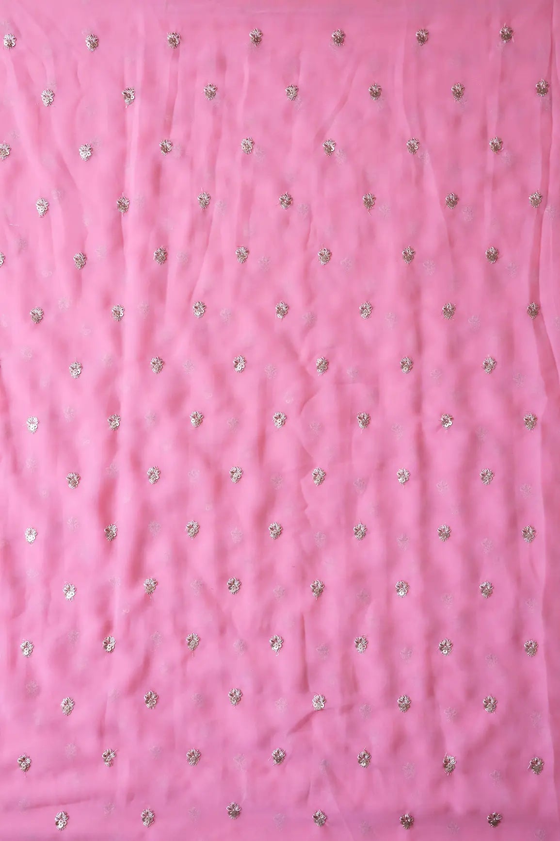 Gold Sequins With Zari Small Floral Booti Embroidery On Pink Georgette Fabric - doeraa