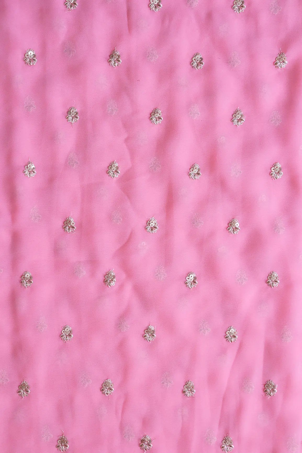 Gold Sequins With Zari Small Floral Booti Embroidery On Pink Georgette Fabric - doeraa