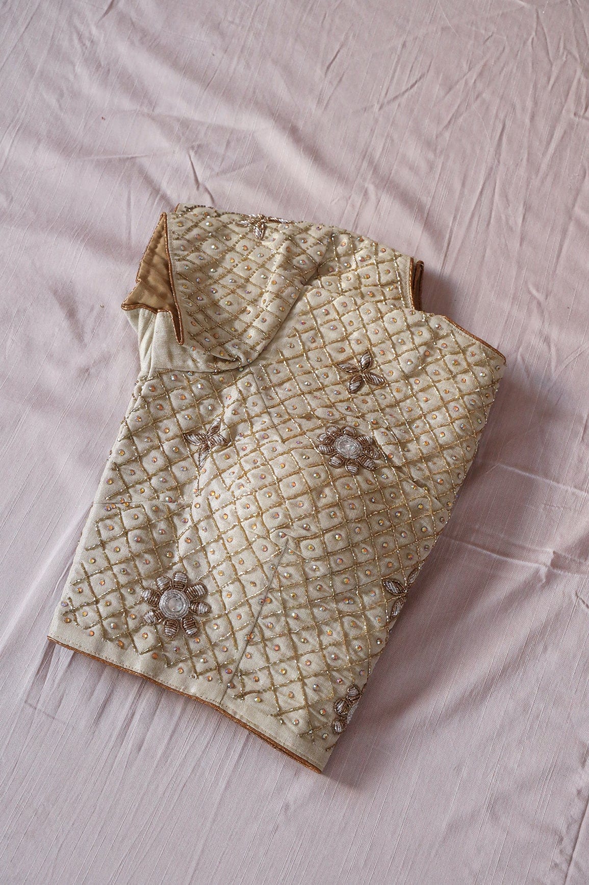 Gold Toned Hand Work Embroidery Pure Cotton Zari Stitched Blouse - doeraa