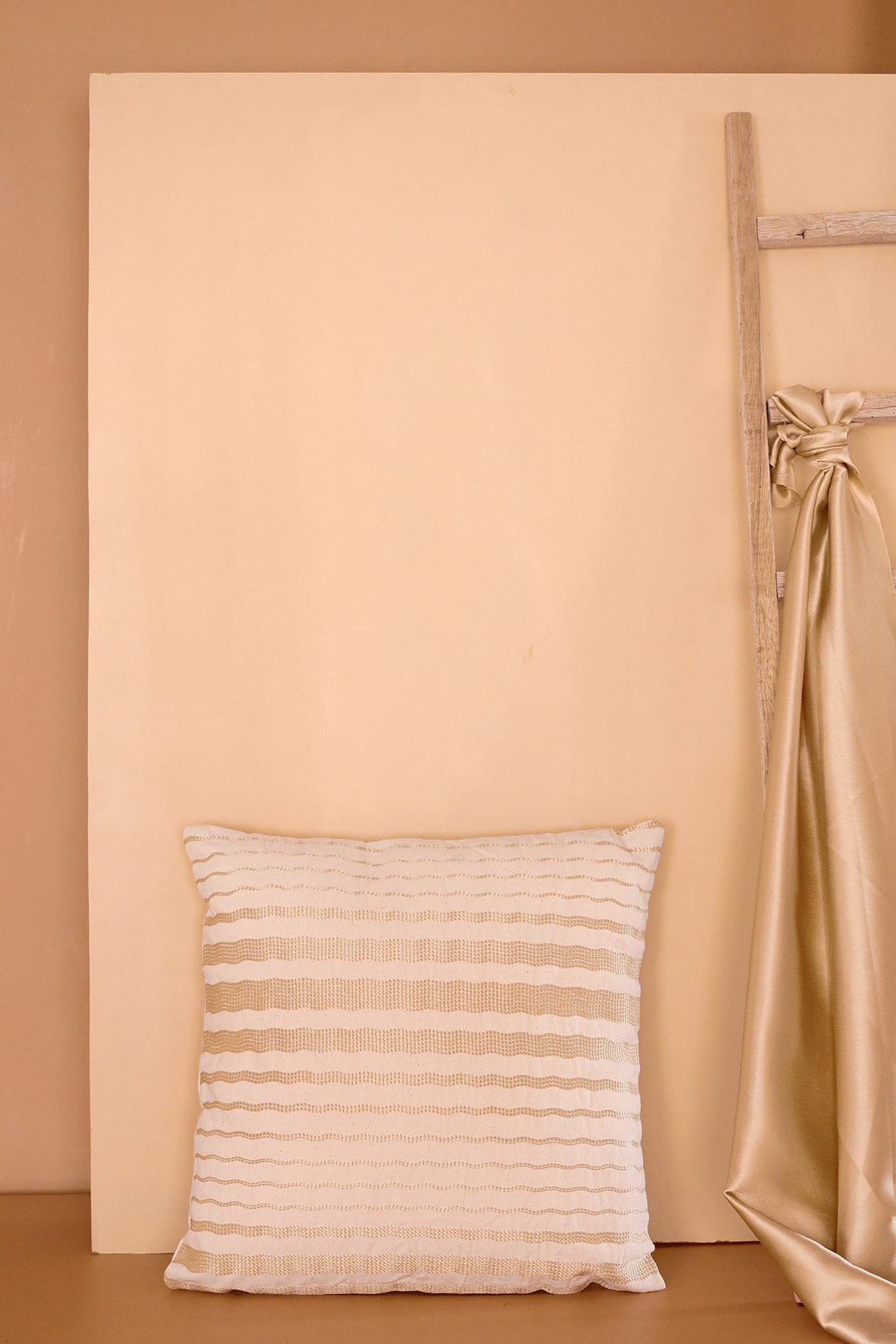Gold Waves Embroidery on off white cotton Cushion Cover (16*16 inches) - doeraa