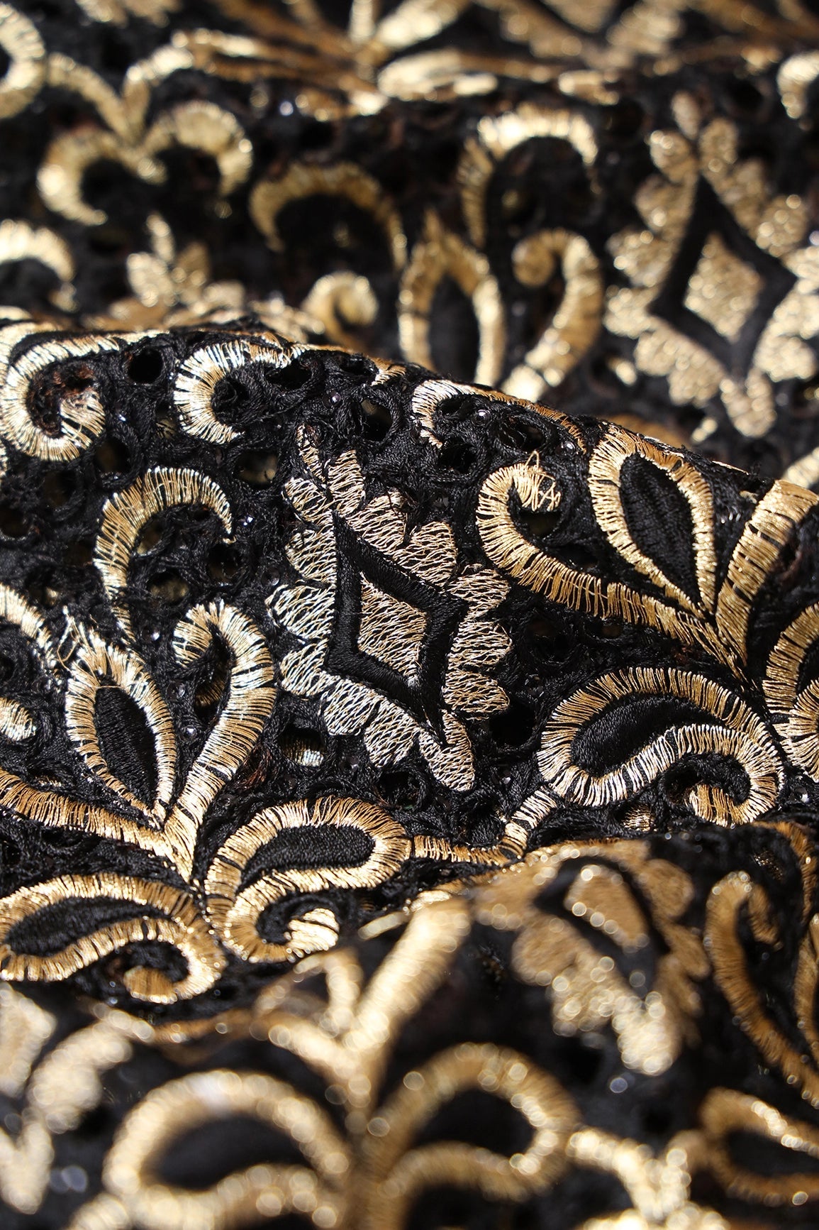 Gold Zari Embroidery Work With Black Thread Work On Black Cut Work Fabric - doeraa