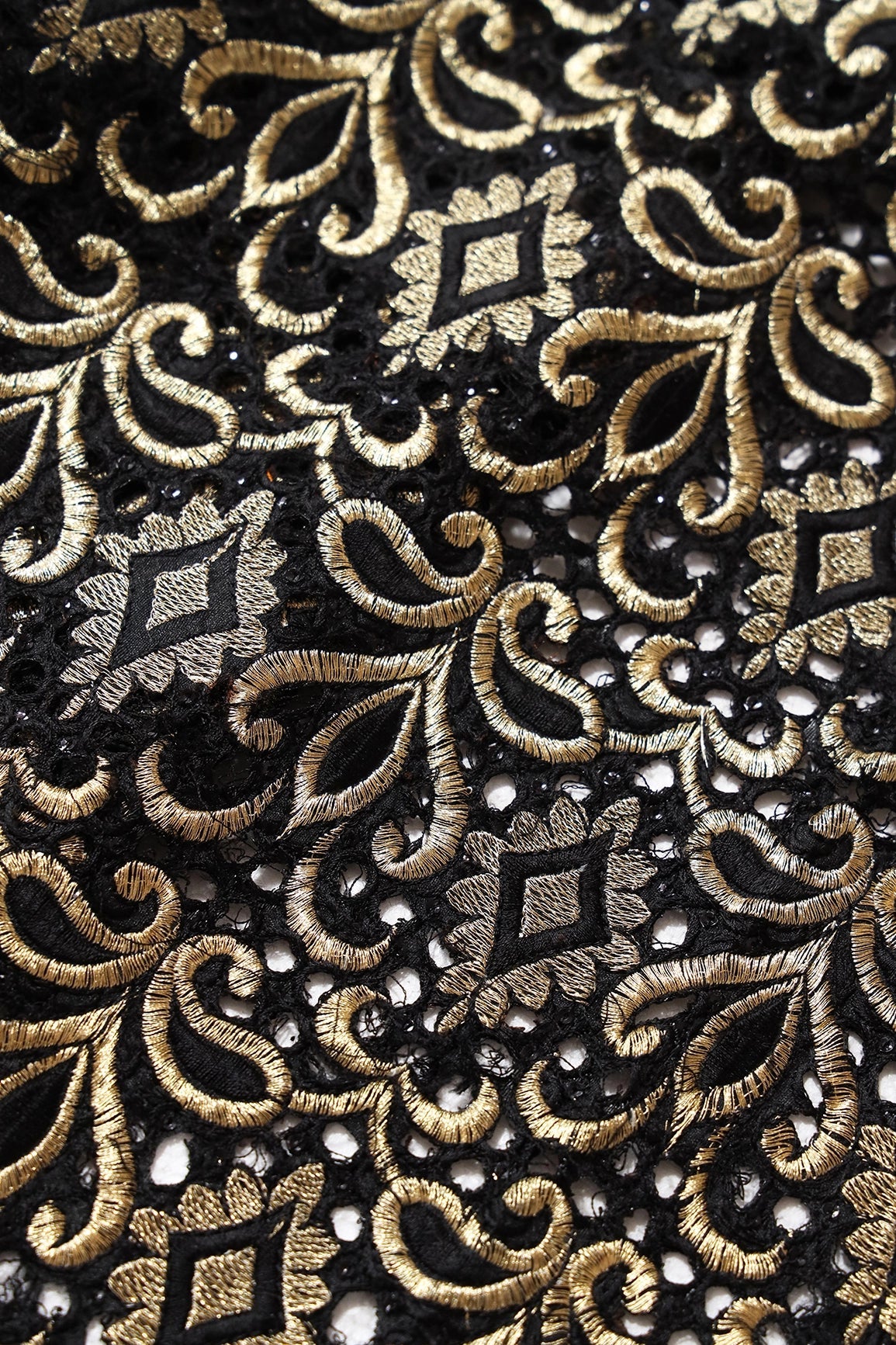 Gold Zari Embroidery Work With Black Thread Work On Black Cut Work Fabric - doeraa