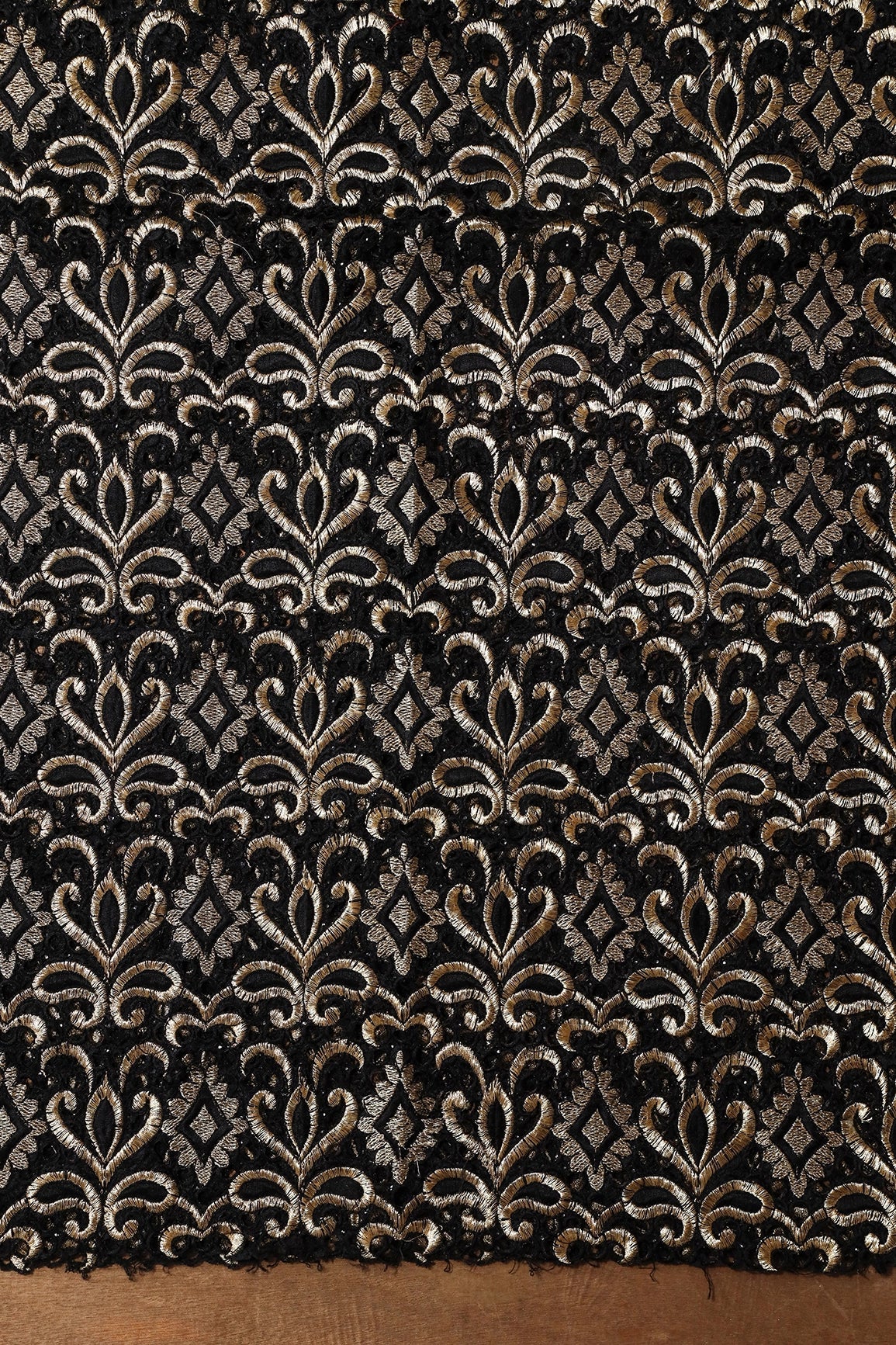 Gold Zari Embroidery Work With Black Thread Work On Black Cut Work Fabric - doeraa