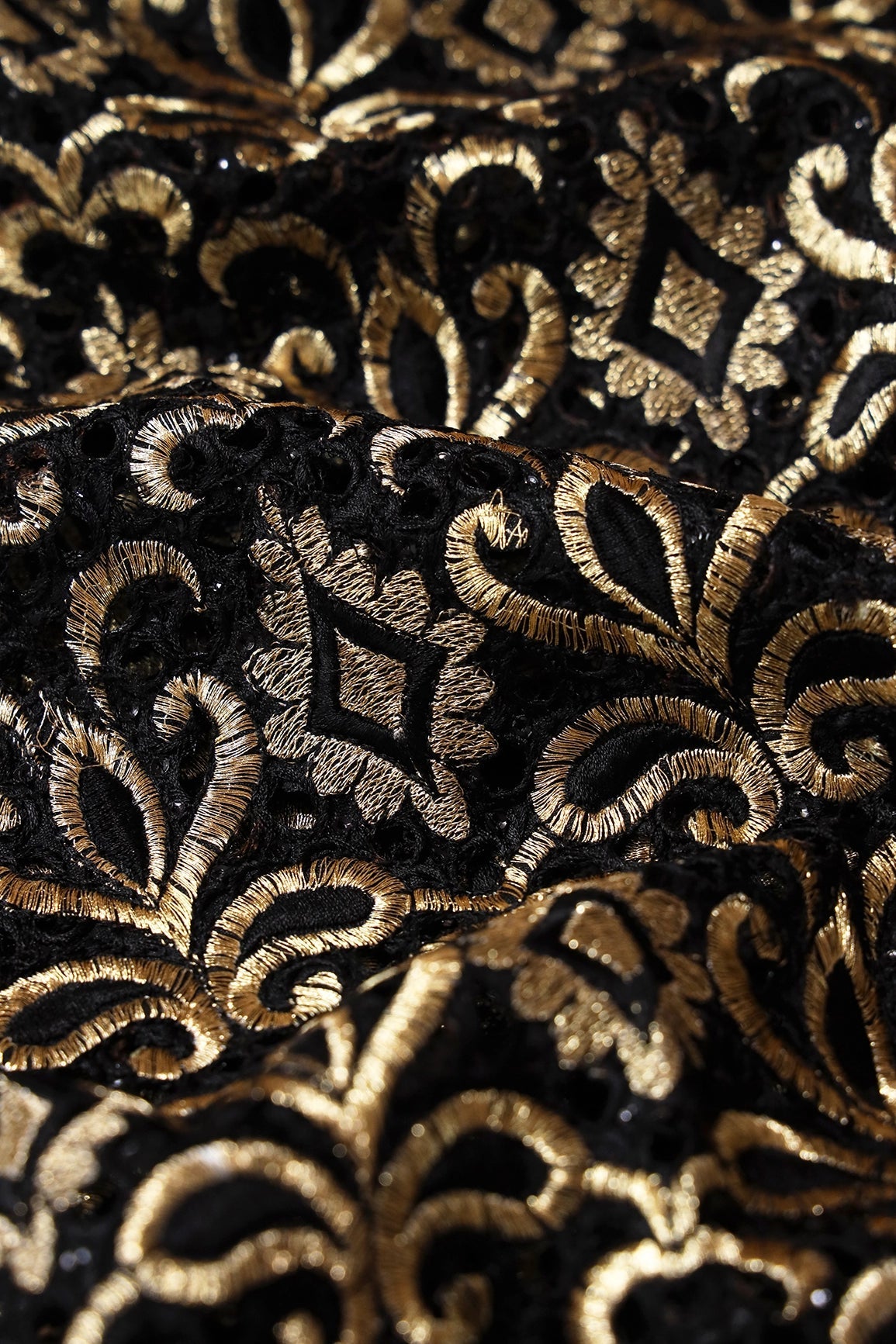 Gold Zari Embroidery Work With Black Thread Work On Black Cut Work Fabric - doeraa