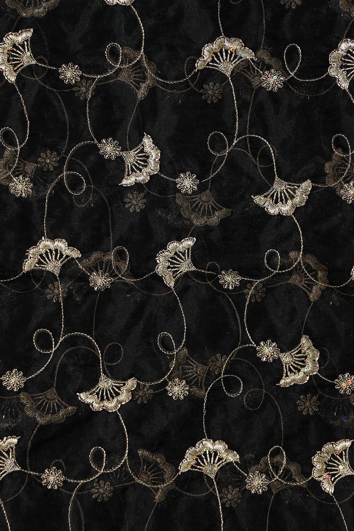 Gold Zari With Beads Beautiful Floral Embroidery On Black Organza Fabric - doeraa