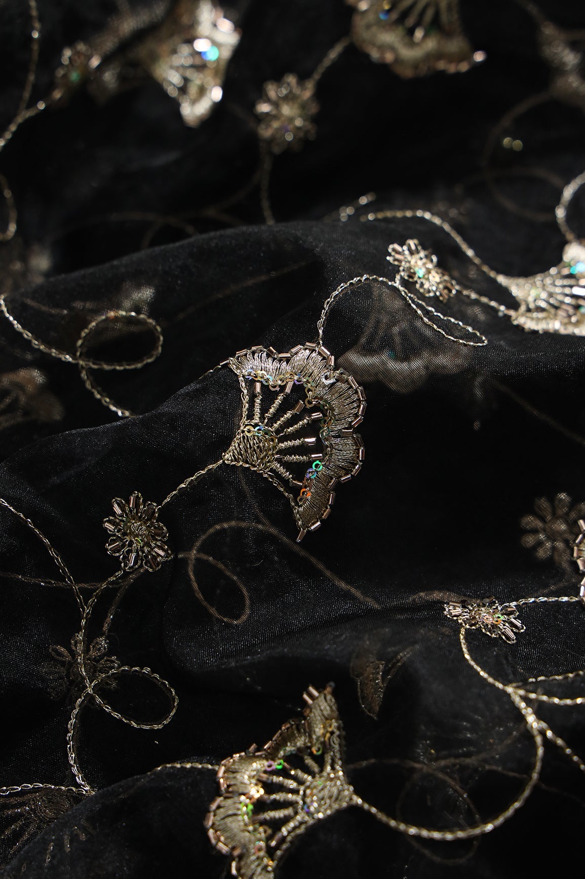 Gold Zari With Beads Beautiful Floral Embroidery On Black Organza Fabric - doeraa