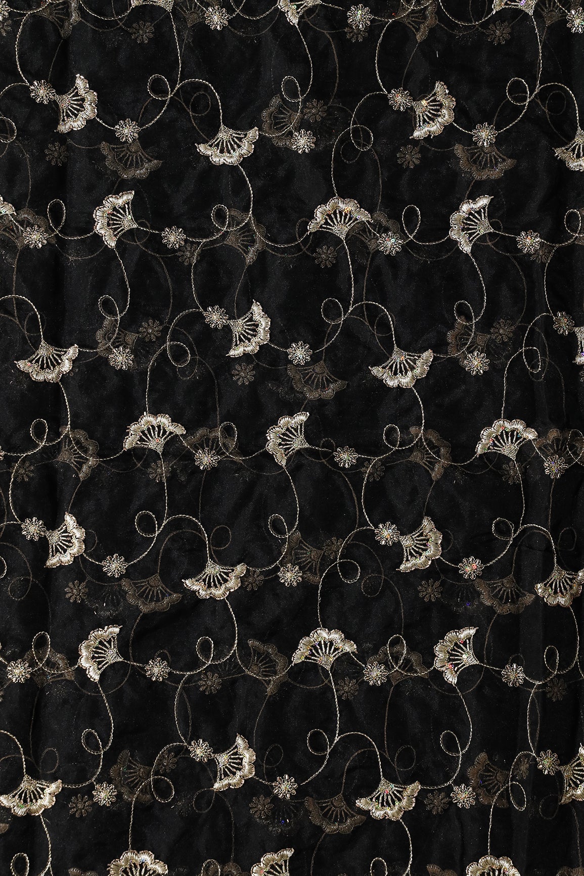 Gold Zari With Beads Beautiful Floral Embroidery On Black Organza Fabric - doeraa