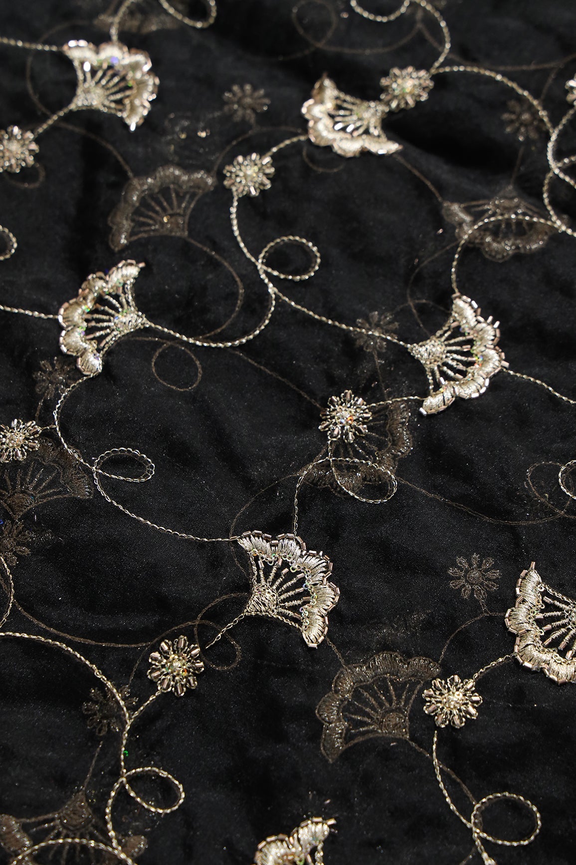 Gold Zari With Beads Beautiful Floral Embroidery On Black Organza Fabric - doeraa