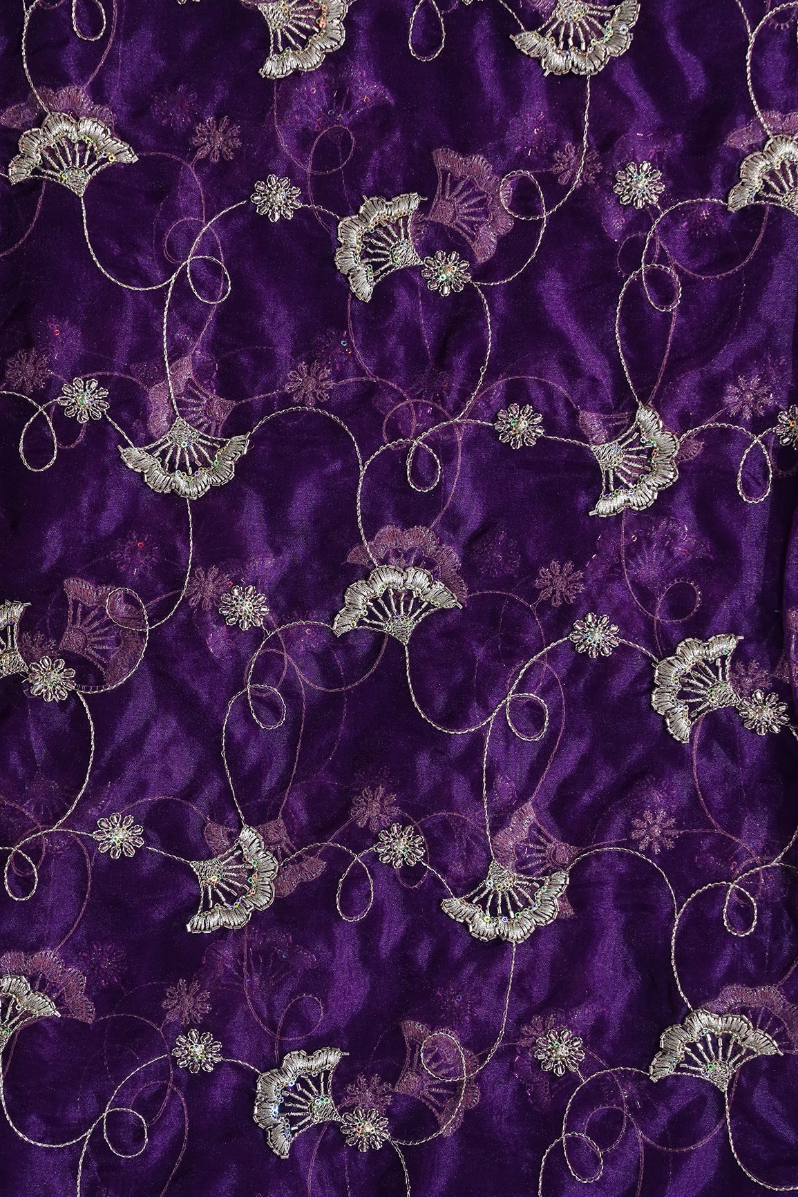 Gold Zari With Beads Beautiful Floral Embroidery On Purple Organza Fabric - doeraa