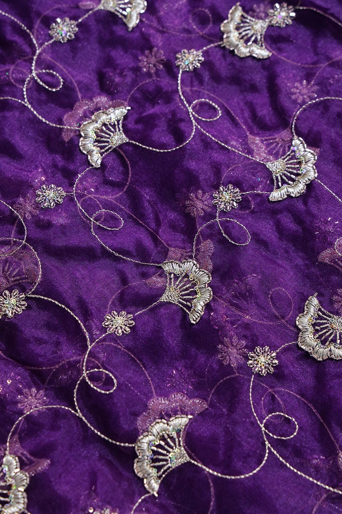 Gold Zari With Beads Beautiful Floral Embroidery On Purple Organza Fabric - doeraa