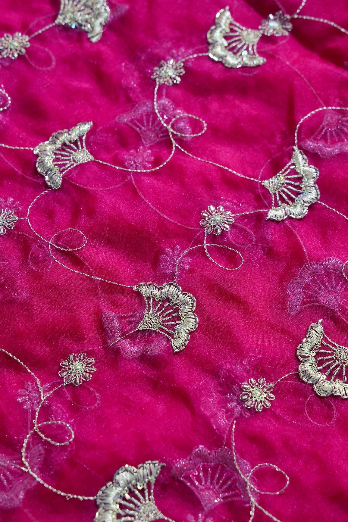 Gold Zari With Beads Beautiful Floral Embroidery On Rani Organza Fabric - doeraa