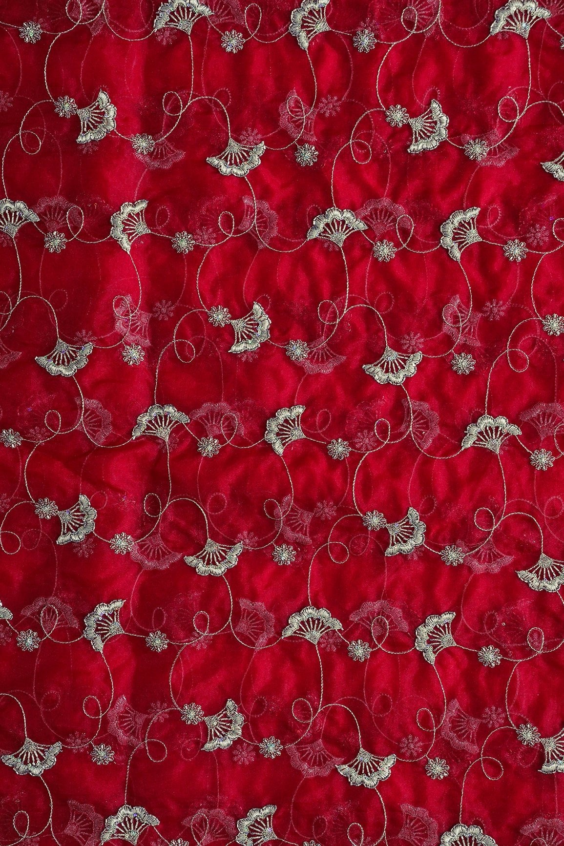 Gold Zari With Beads Beautiful Floral Embroidery On Red Organza Fabric - doeraa
