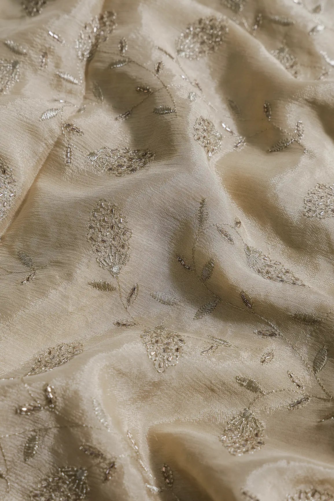 Gold Zari With Beads Leafy Embroidery Work On Beige Chinnon Chiffon Fabric - doeraa