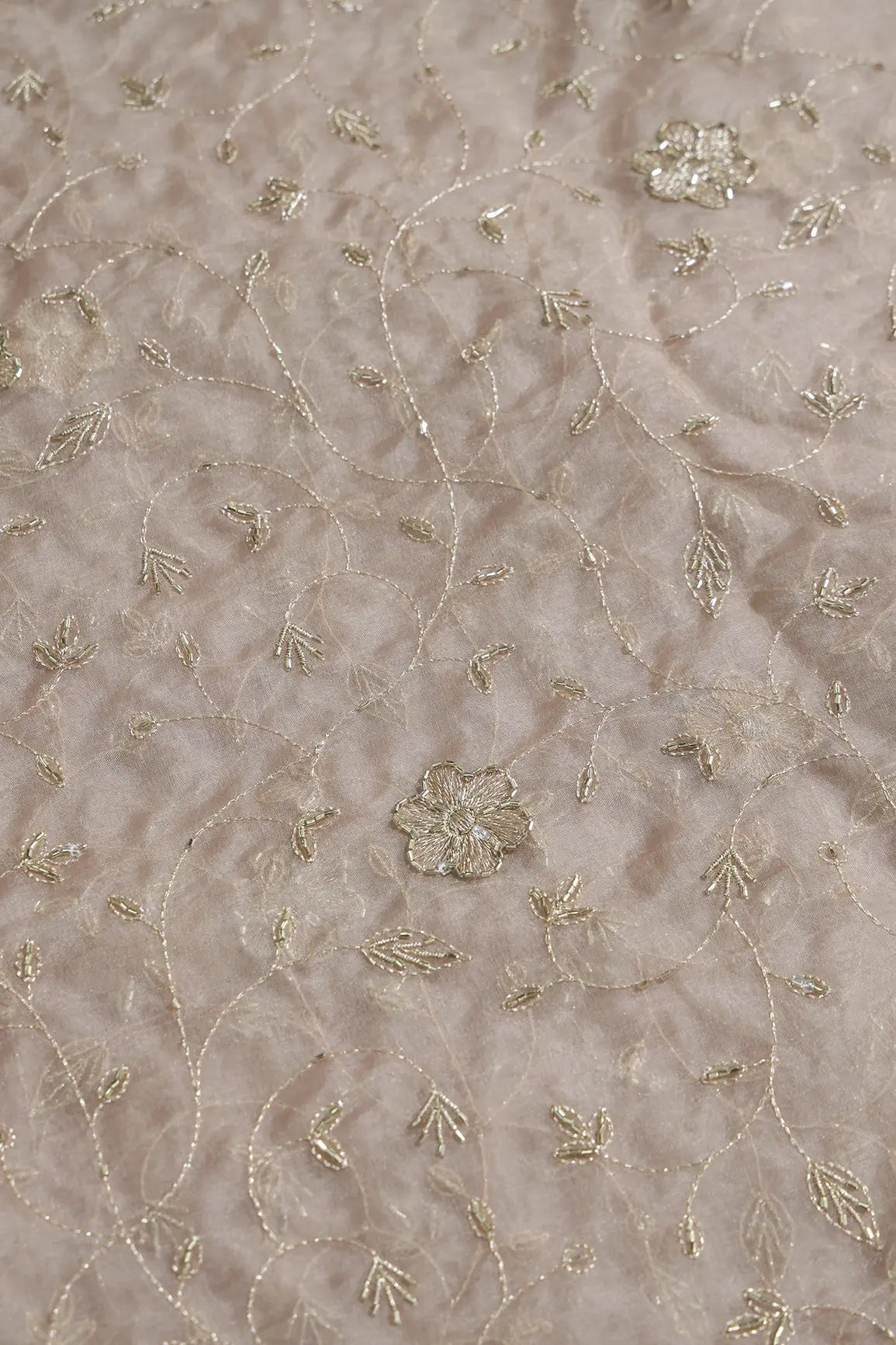 Gold Zari With Beads Leafy Embroidery Work On Brown Organza Fabric - doeraa