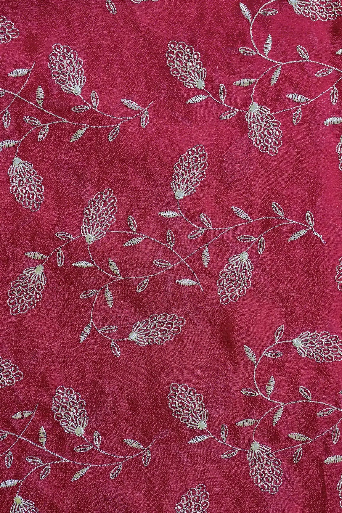 Gold Zari With Beads Leafy Embroidery Work On Cherry Red Chinnon Chiffon Fabric - doeraa
