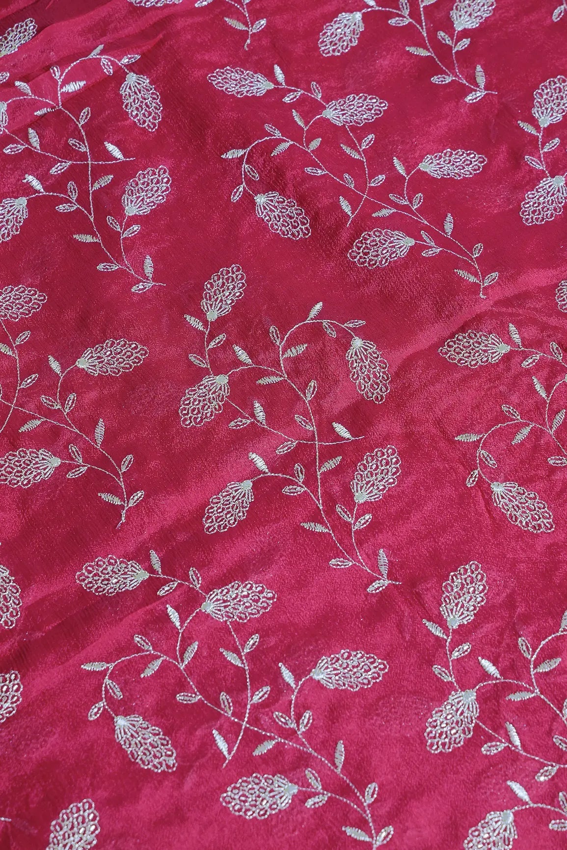 Gold Zari With Beads Leafy Embroidery Work On Cherry Red Chinnon Chiffon Fabric - doeraa