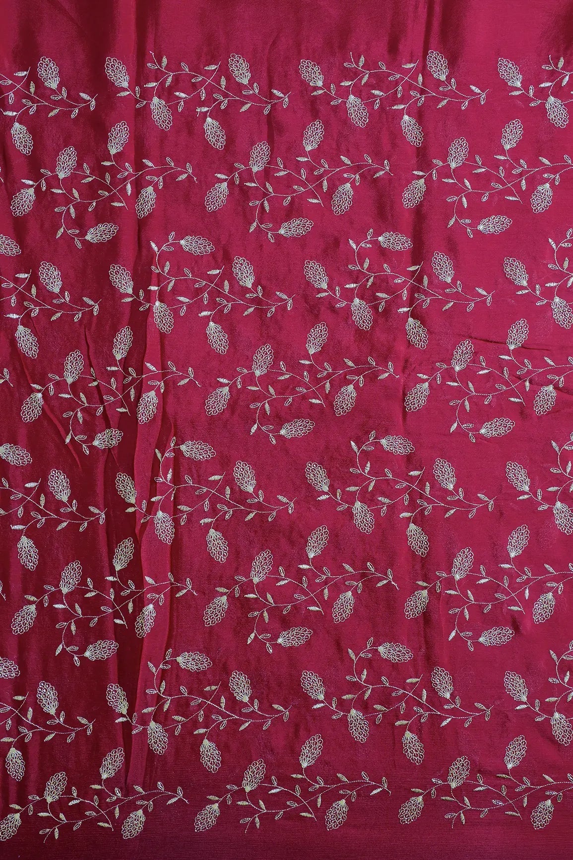 Gold Zari With Beads Leafy Embroidery Work On Cherry Red Chinnon Chiffon Fabric - doeraa