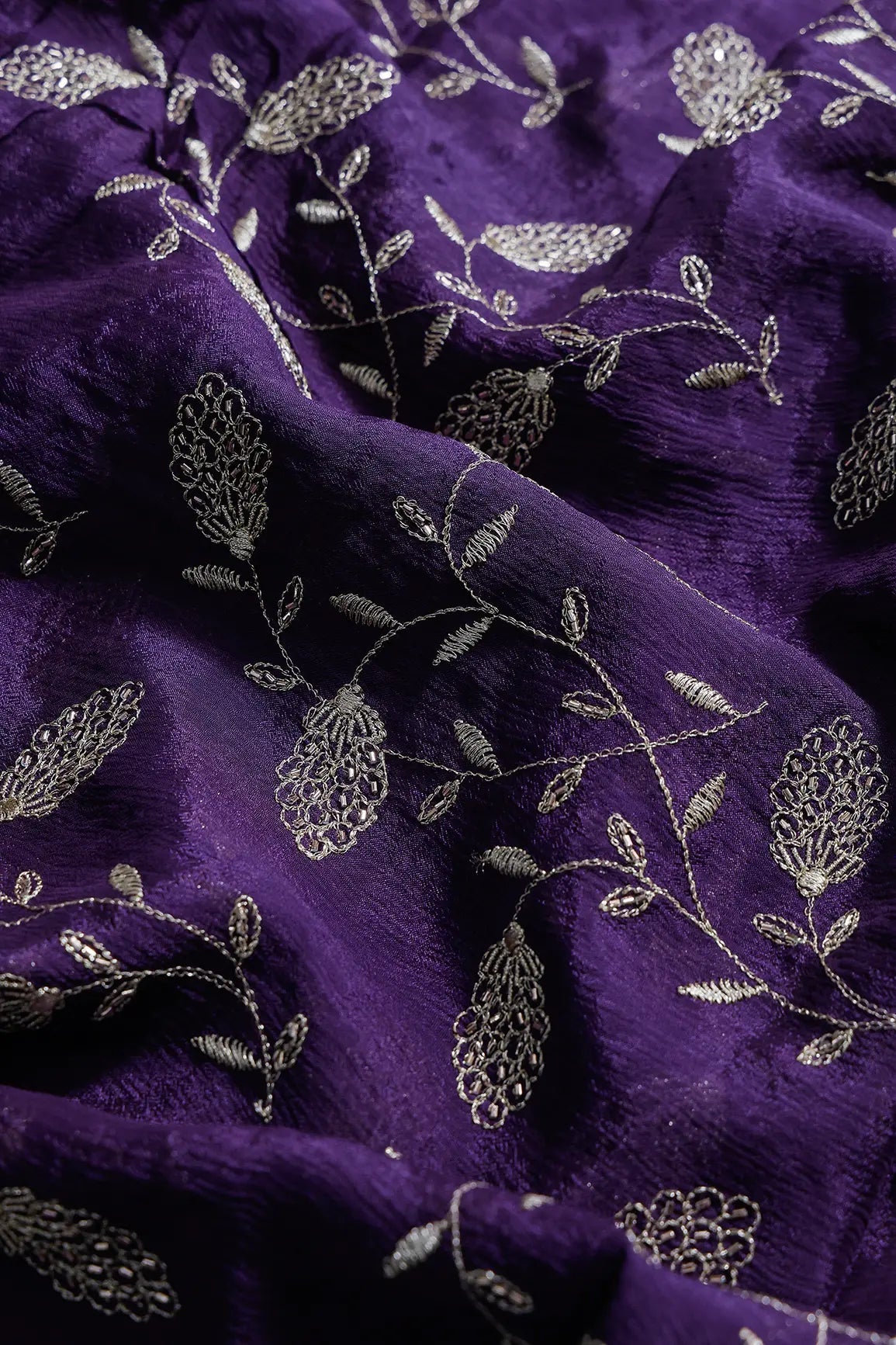 Gold Zari With Beads Leafy Embroidery Work On Dark Purple Chinnon Chiffon Fabric - doeraa