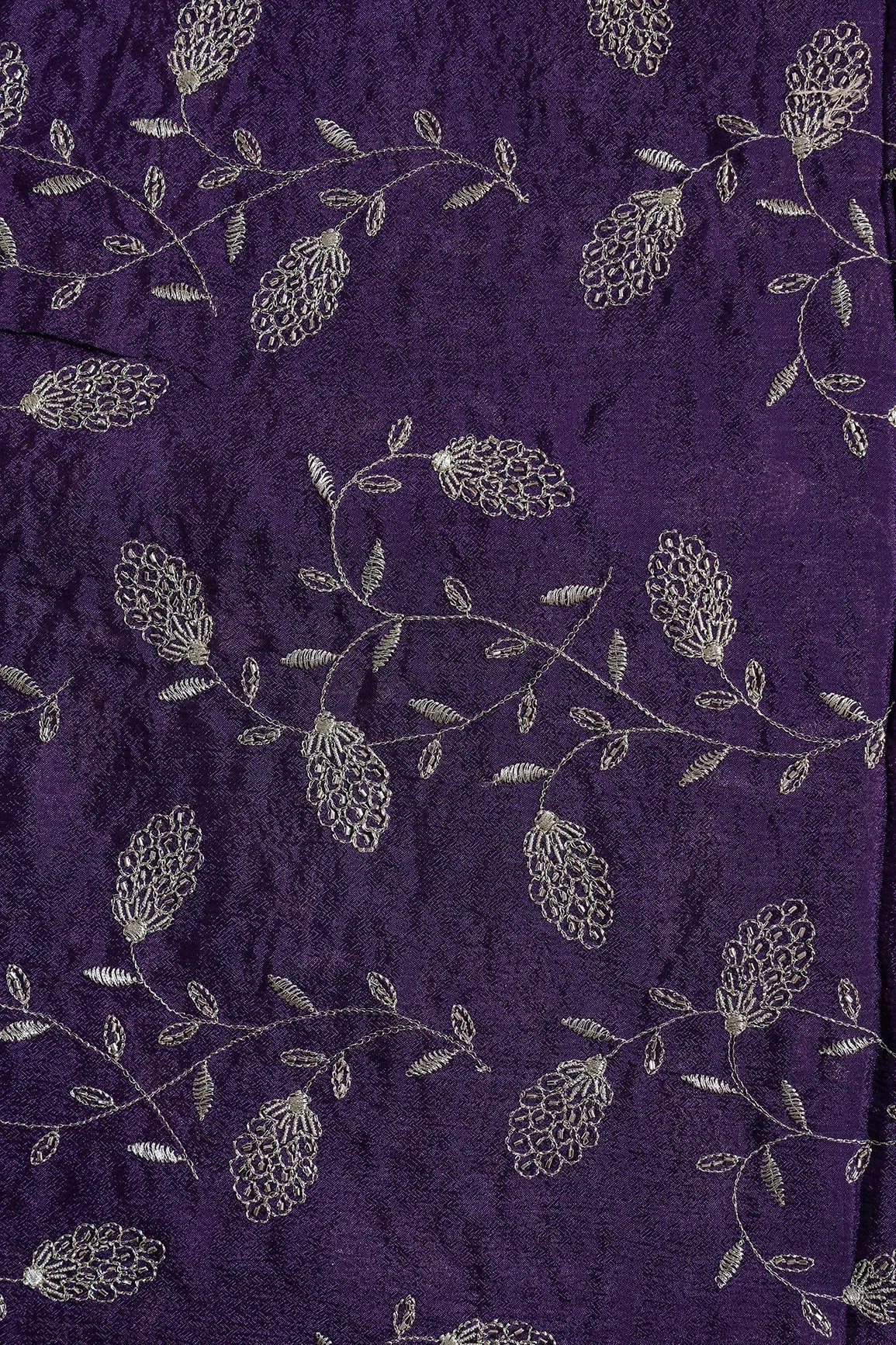 Gold Zari With Beads Leafy Embroidery Work On Dark Purple Chinnon Chiffon Fabric - doeraa