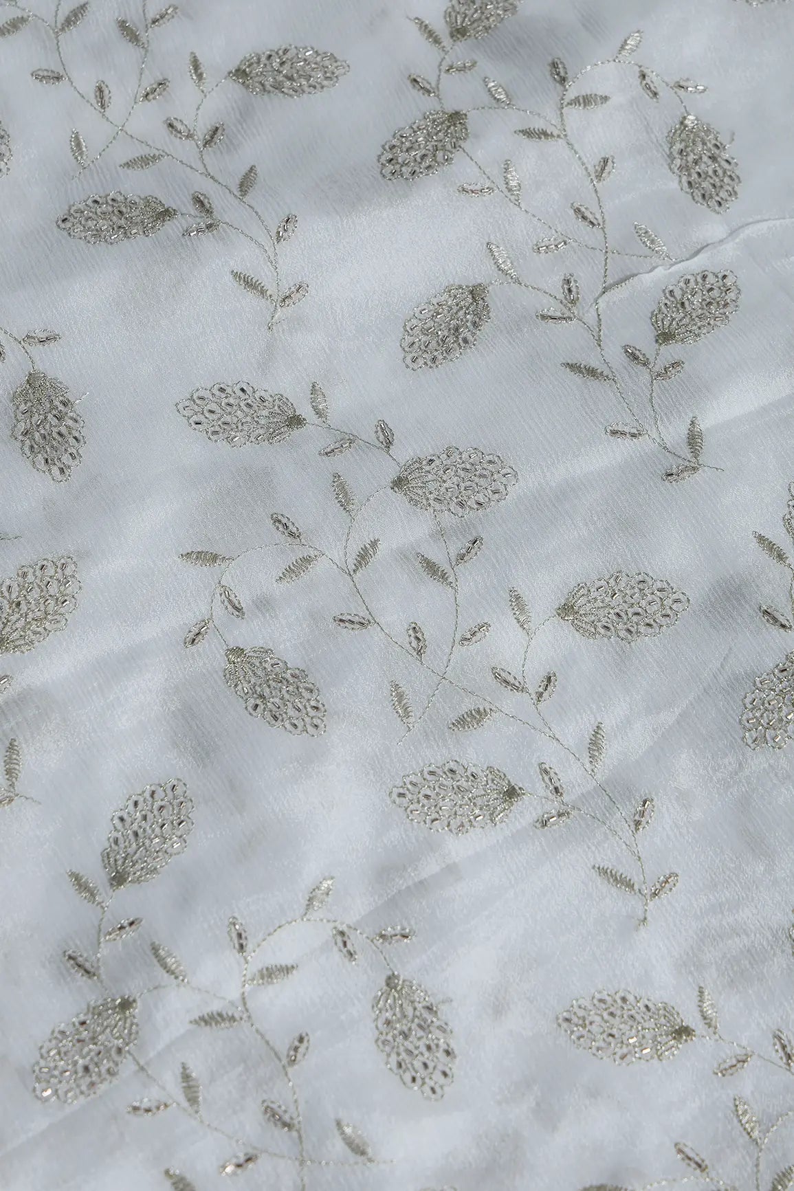 Gold Zari With Beads Leafy Embroidery Work On Dyeable White Chinnon Chiffon Fabric - doeraa